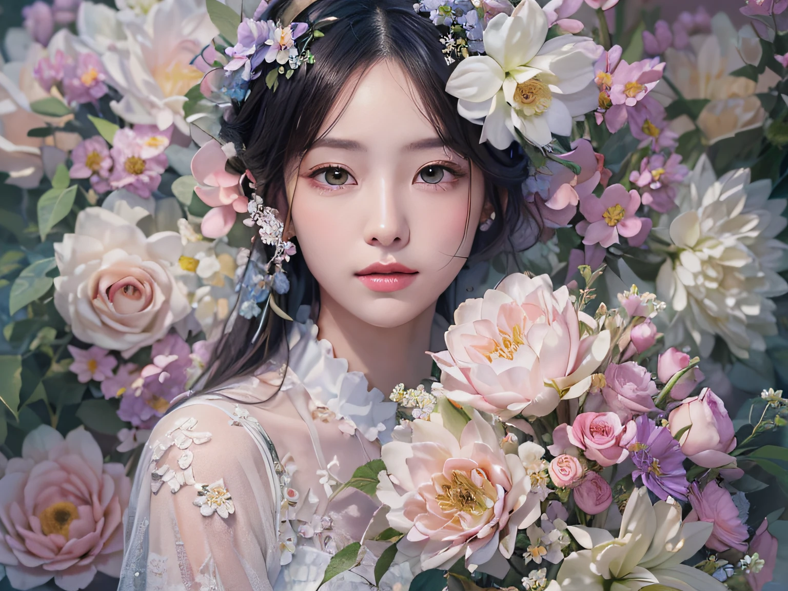 Ladies and bouquets,portrait closeup,She looked at me with very beautiful and kind eyes.Detailed Schneider Pastel Ink, soft and fantastic, Fluffy, (extremely fine and beautiful), (perfect detail)、(pastel color),Soft texture:1.2.(masutepiece, Best Quality), (finely detailed beautiful eye), (finely detailed eyes and detailed face),(Jet black silky hair), The hue is also noticeably brighter.Pale blurry silhouette,Flowers bloom all over