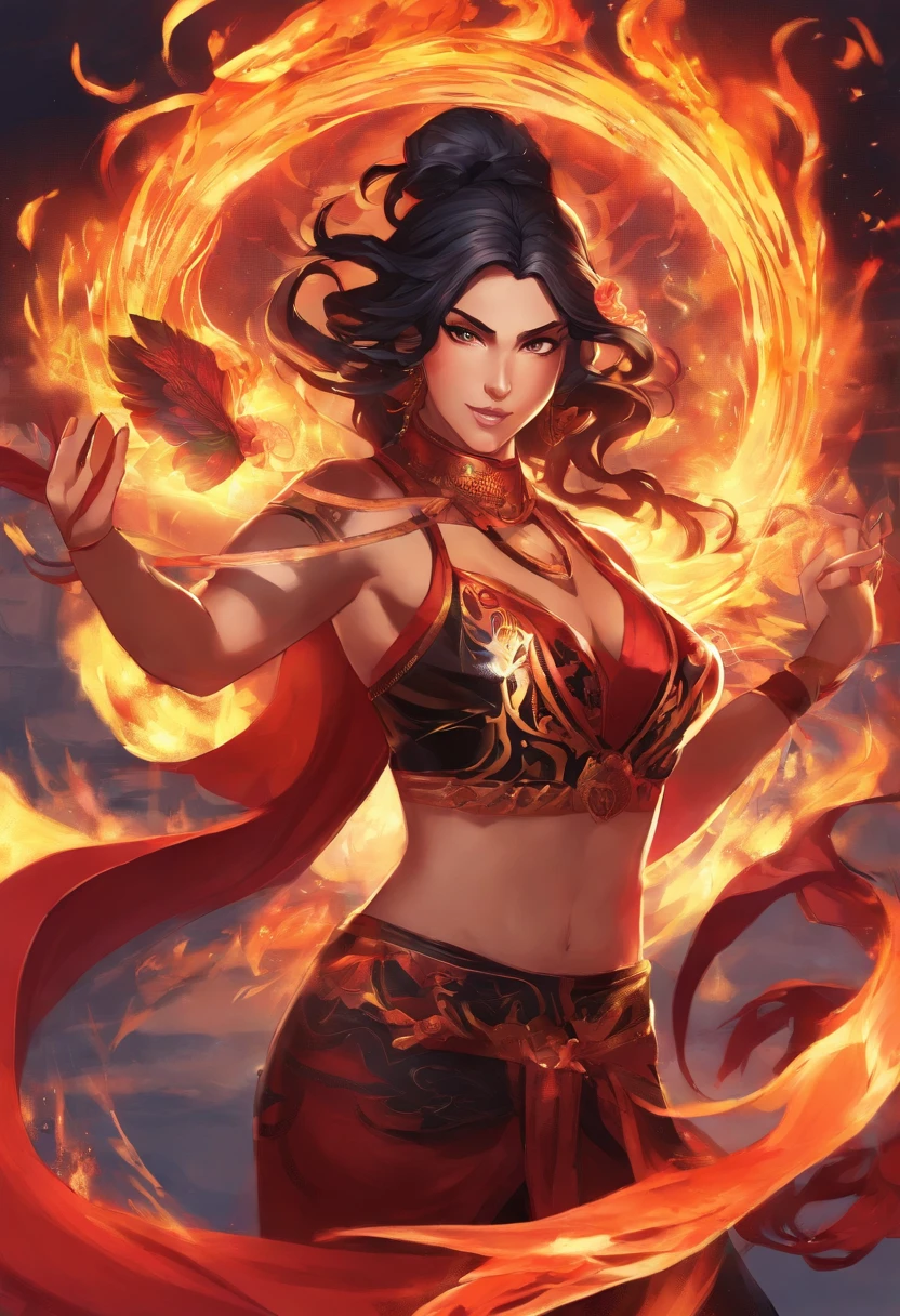 Nawra, tall anime Arab girl with black hair ponytail, yellow eyes, and a red crop top and black trousers, tall, athletic, strong, fit, muscular, fire!! full body, appears as the fire goddess, fire goddess, nico robin, hot fire goddess, she has fire powers, black - haired mage, ahri, her hair is on fire, style artgerm, full body portrait of a short!, the butterfly goddess of fire, genie girl, djinni girl, superpowered girl, fire elemental, martial artist, Chicago street