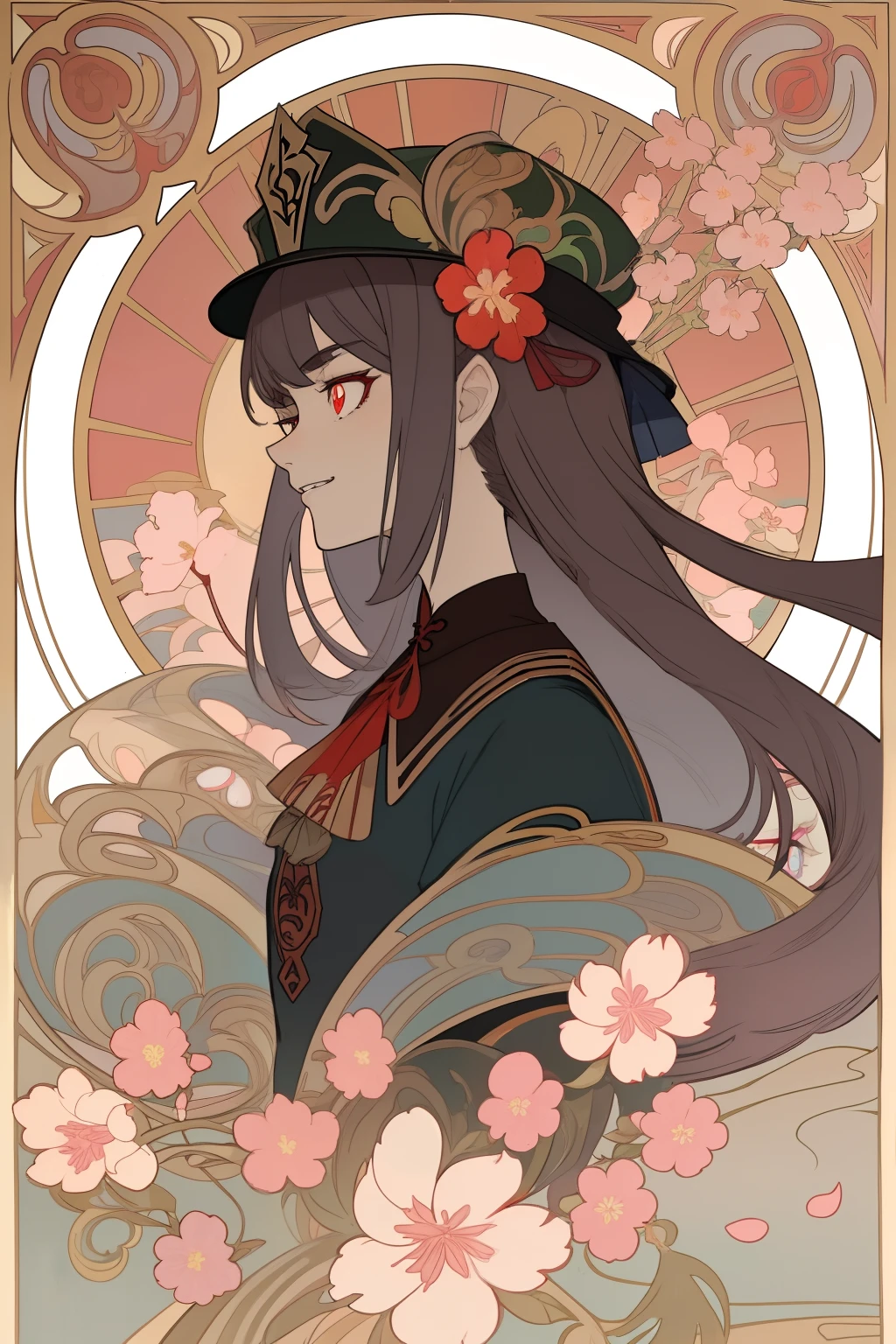 Art Nouveau Style, poster in a theater, (art by wes anderson), 2d, masterpiece, best quality, anime, highly detailed eyes, highly detailed face, highly detailed background, perfect lighting, 1girl, solo, hu tao \(genshin impact\), star-shaped pupils, flower-shaped pupils, hat, red flower, red eyes, cherry blossoms, evil grin, black outfit, (inspired by mucha), fire, profile, cowboy shot