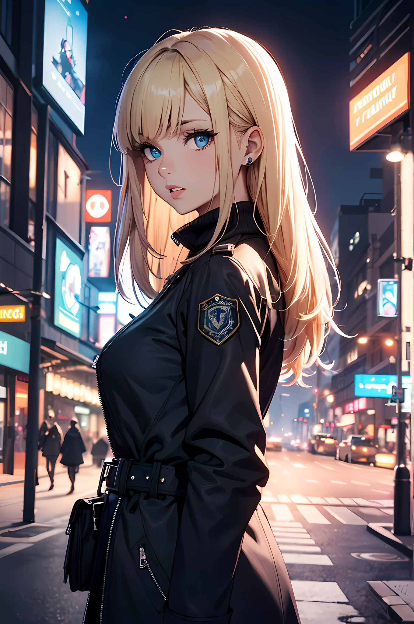 cinematic close up, A woman is investigating a crime scene in Paradigm City, masterpiece, best quality, night, 1woman, long hair, blue eyes, blonde hair, arms behind back, solo, outdoors, coat, night, belt, building, city, parted lips, open clothes, bangs, open coat, black coat, breasts, navy blue jacket, glowing, looking at viewer, zipper, long sleeves, turtleneck, criminal investigation, scifi/1940s, Neo-Noire, diesel punk,