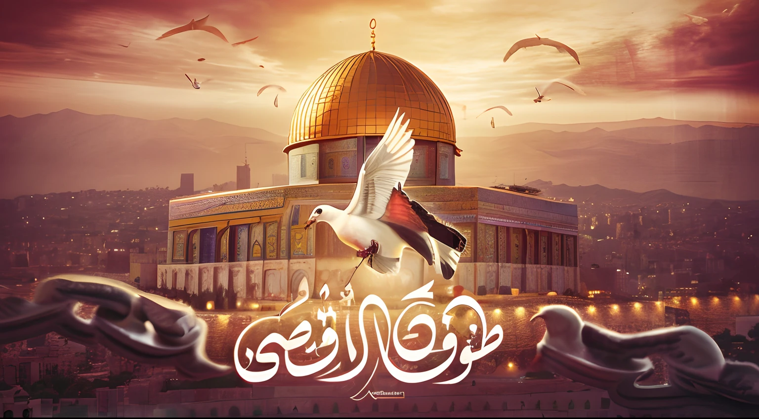 arafed image of a dove flying over a city with a dome in the background, overlaid with arabic text, dome of the rock, by Mustafa Rakim, by Zahari Zograf, by Sheikh Hamdullah, by Ahmed Karahisari, by Mahmoud Farshchian, inspired by Shaddy Safadi, arabic calligraphy