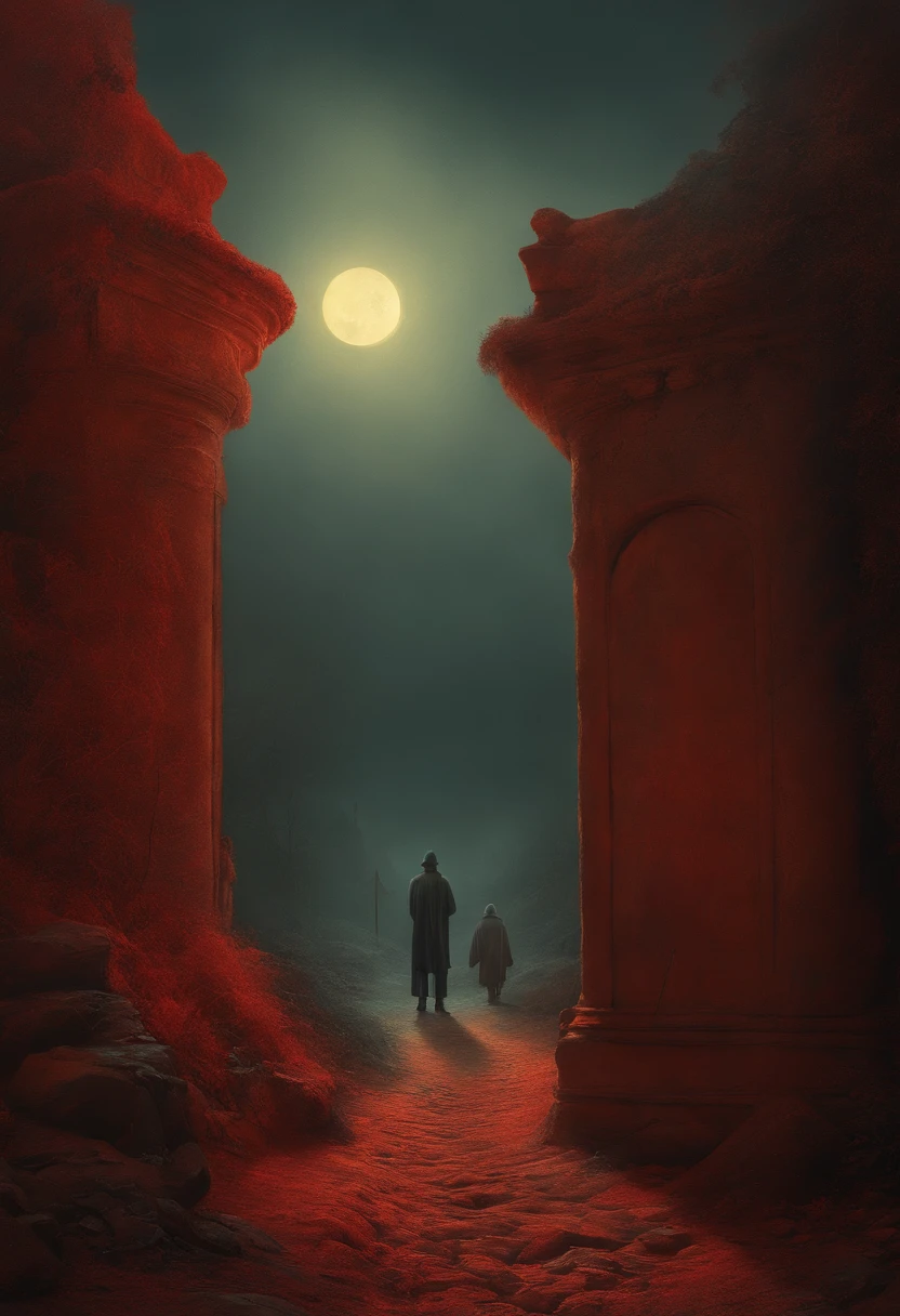 mythology creatures, by zdzislaw beksinski and van gogh, album cover art, anime rome, surrealism, futuristic , coral, anime wizard, abstract, dark, red, hell, landscape, mix these three images: anime homeless man on knees, bright anime boy with cross in the distance, man in dark street
