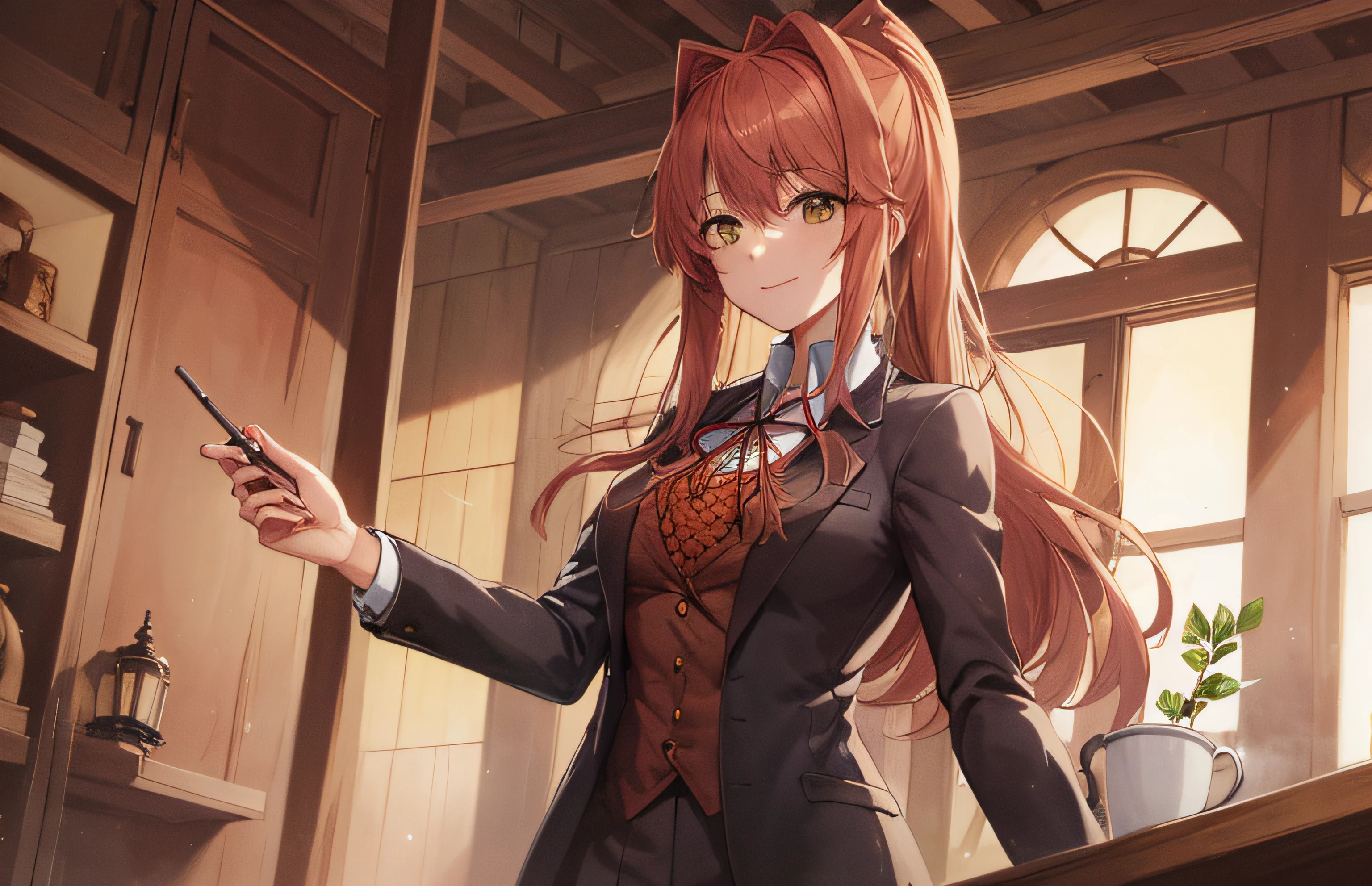2d, obra maestra, mejor calidad, anime, muy detallado, tiro de vaquero, 1 girl in, solo, monika, ojos verdes, pelo muy largo, cola de caballo, uniforme escolar, en pie, recto, sonrisa, fondo blanco, fondo simple, medieval.
