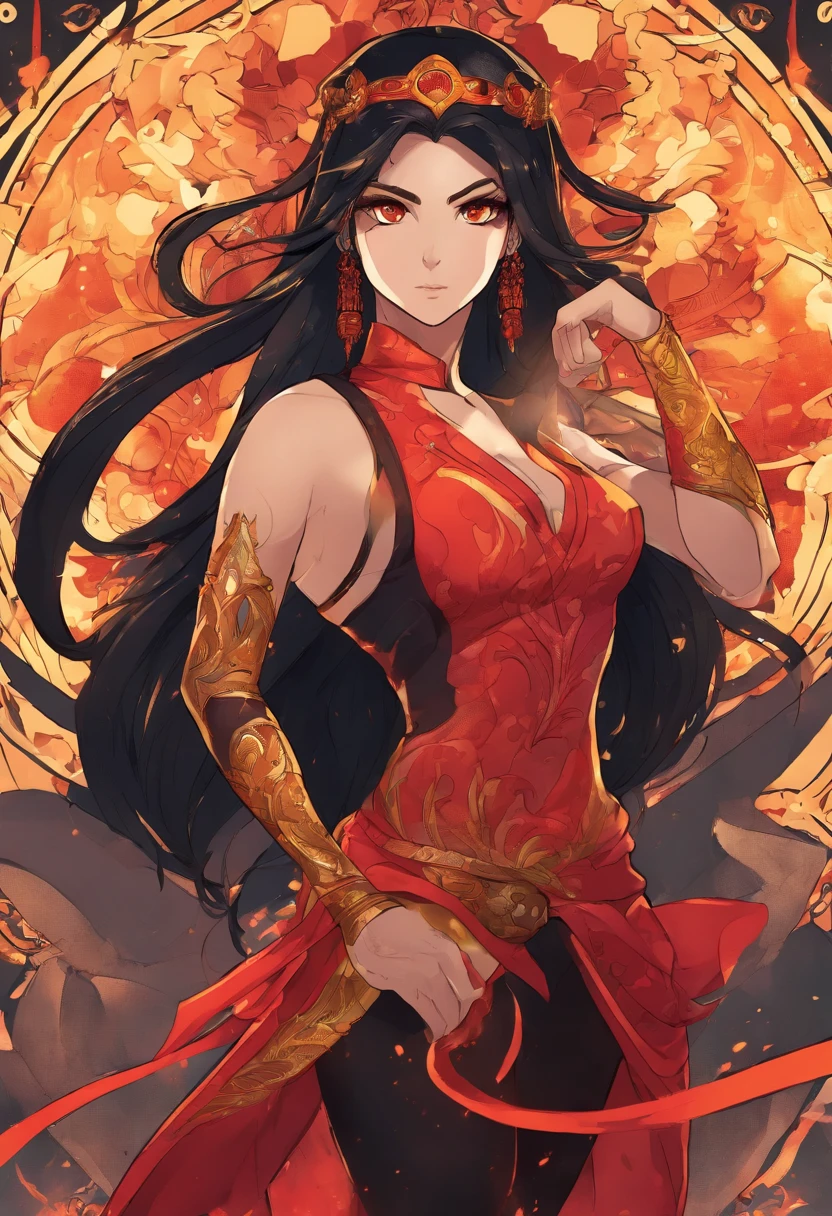Nawra, tall anime Arab girl with black hair ponytail, yellow eyes, and a red crop top and black trousers, tall, athletic, strong, fit, muscular, fire!! full body, appears as the fire goddess, fire goddess, nico robin, hot fire goddess, she has fire powers, black - haired mage, ahri, her hair is on fire, style artgerm, full body portrait of a short!, the butterfly goddess of fire, genie girl, djinni girl, superpowered girl, fire elemental, martial artist, Chicago street
