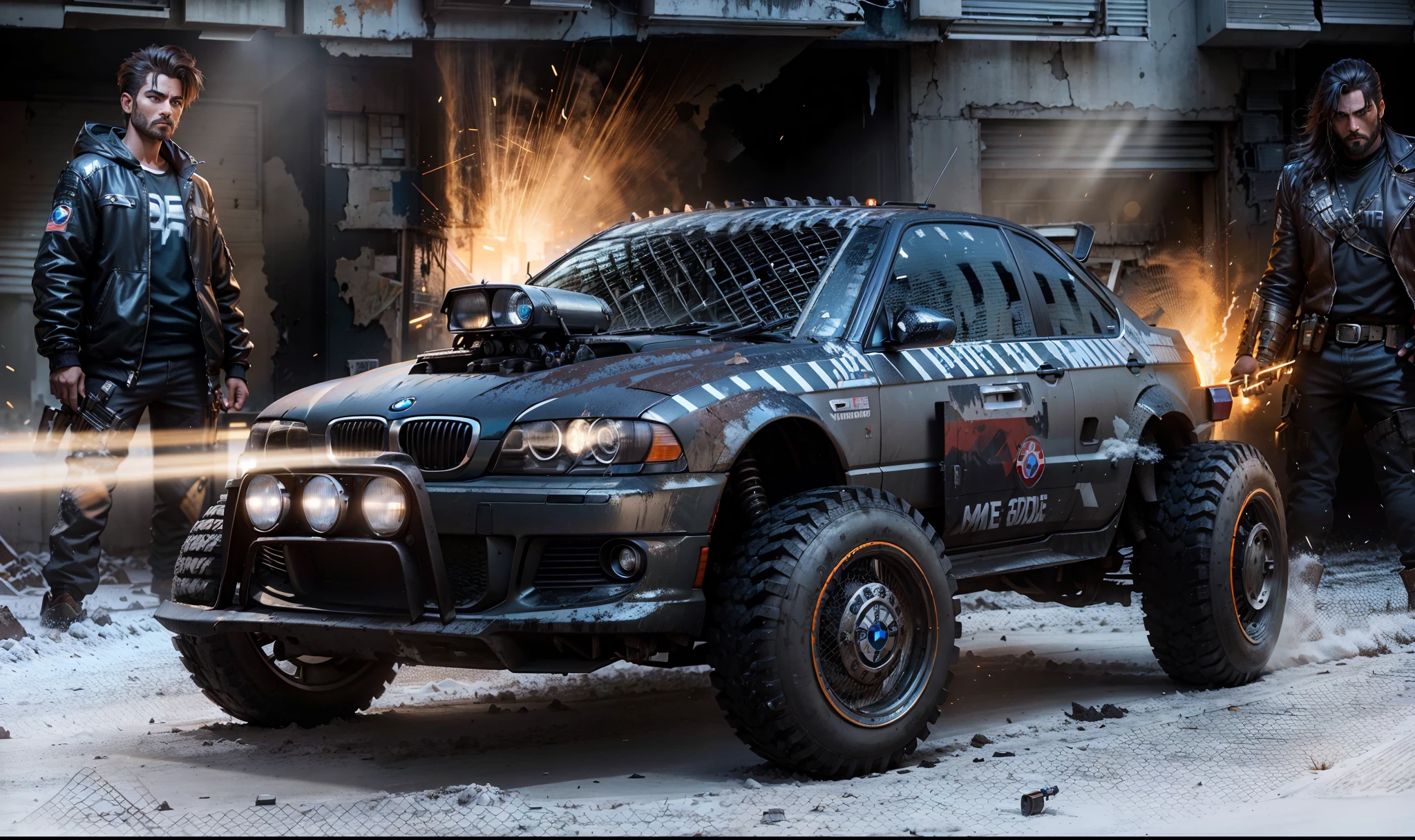 Um poderoso BMW enferrujado altamente armado com misseis e metralhadoras disparando raios, Behind a warrior man standing and armed looking at the car and on the other side a beautiful and powerful warrior armed with a pistol and in the background an abandoned and worn retropunk building and lit up with a few rays of light