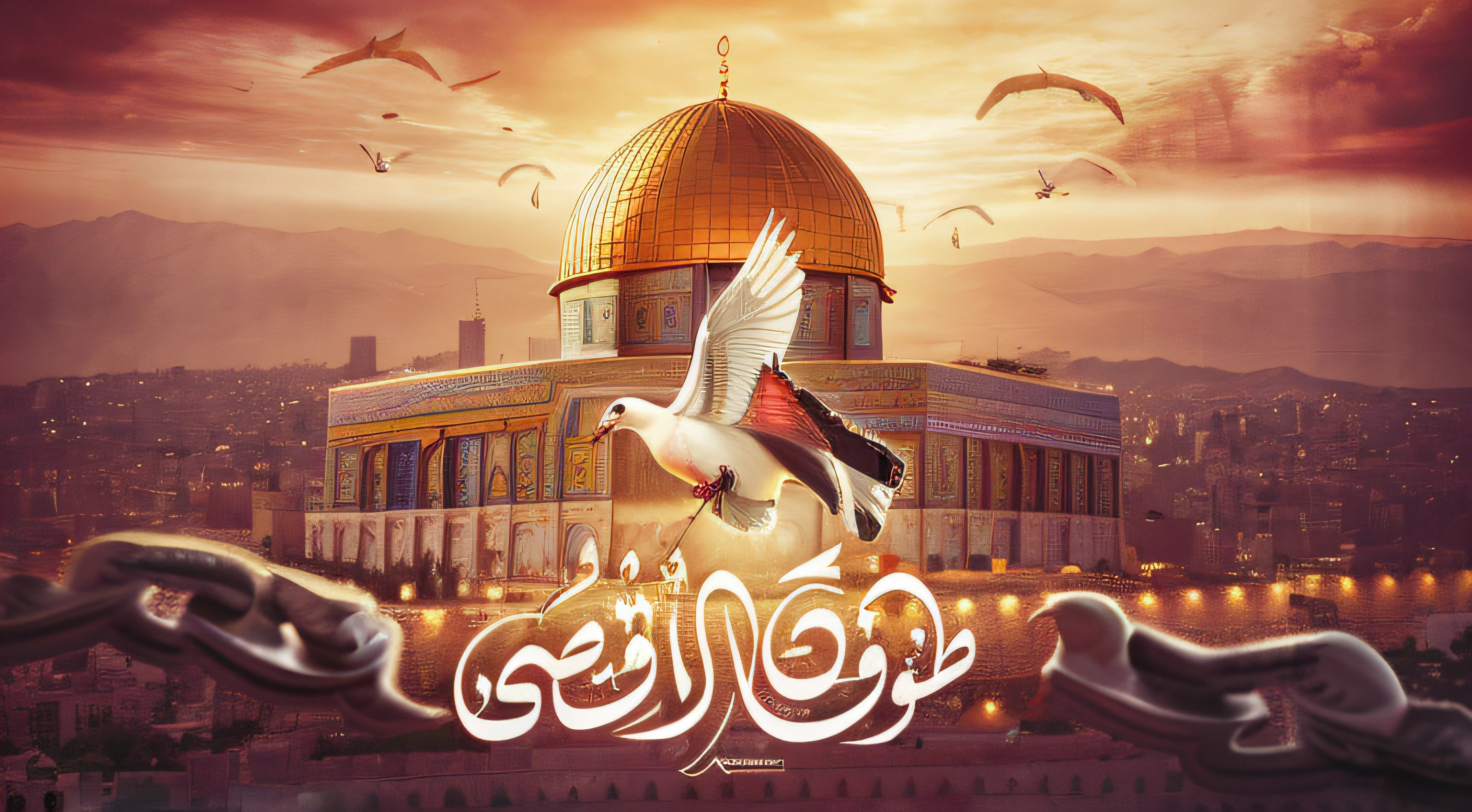 arafed image of a dove flying over a city with a dome in the background, overlaid with arabic text, dome of the rock, by Mustafa Rakim, by Zahari Zograf, by Sheikh Hamdullah, by Ahmed Karahisari, by Mahmoud Farshchian, inspired by Shaddy Safadi, arabic calligraphy