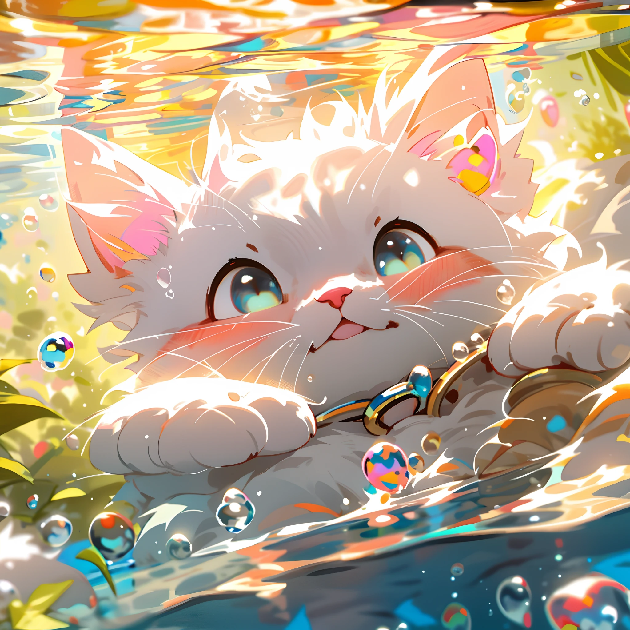 1 cute kitten，white colors，pink little paws，close up of face，portraitures，hairy pubic，fronds，no man，under the water，water bubbles，Buble，higher details，Rich in color，Adorable smile，top-quality，8K，high saturated