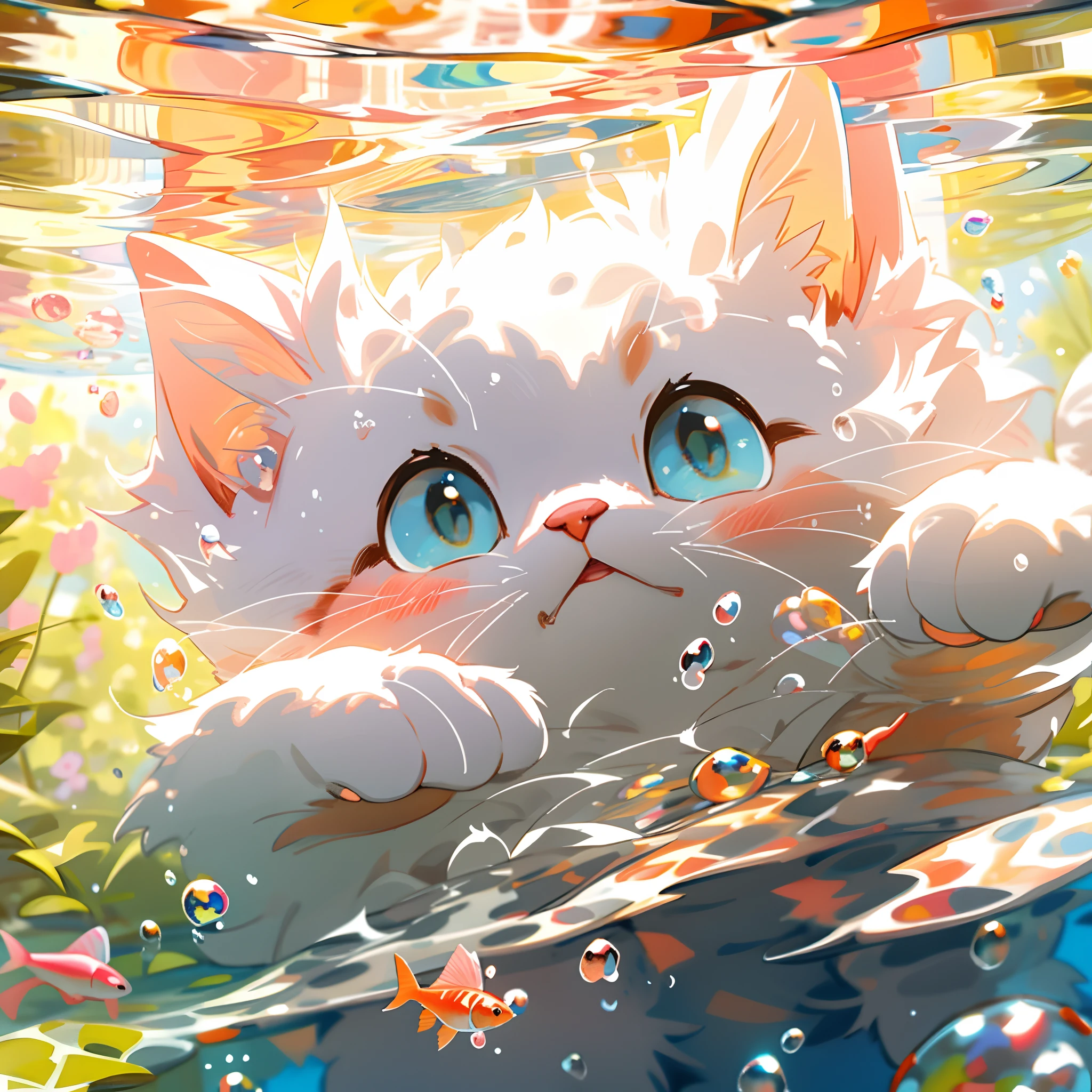 1 cute kitten,white colors,pink little paws,close up of face,portraitures,hairy pubic,fronds,no man,under the water,water bubbles,Buble,higher details,Rich in color,Adorable smile,top-quality,8K,high saturated