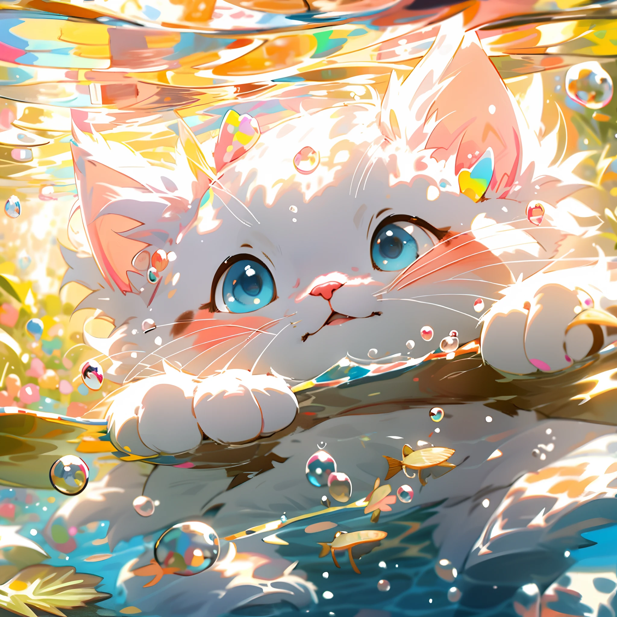 1 cute kitten，white colors，pink little paws，close up of face，portraitures，hairy pubic，fronds，no man，under the water，water bubbles，Buble，higher details，Rich in color，Adorable smile，top-quality，8K，high saturated