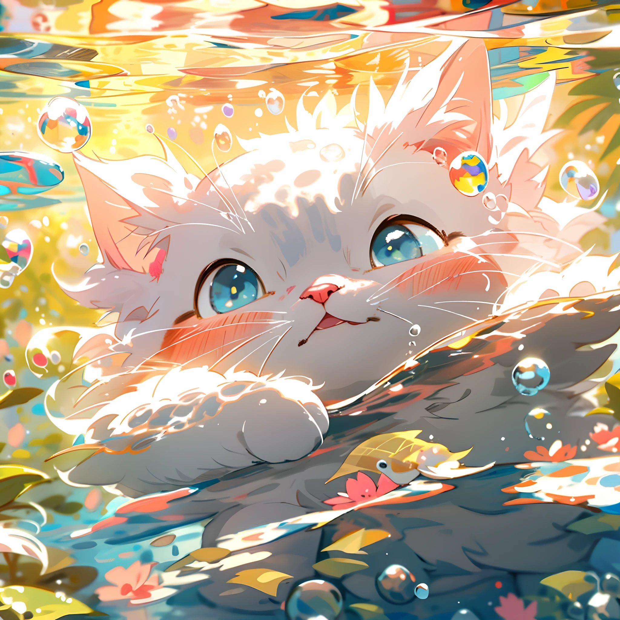 1 cute kitten，white colors，pink little paws，close up of face，portraitures，hairy pubic，fronds，no man，under the water，water bubbles，Buble，higher details，Rich in color，Adorable smile，top-quality，8K，high saturated