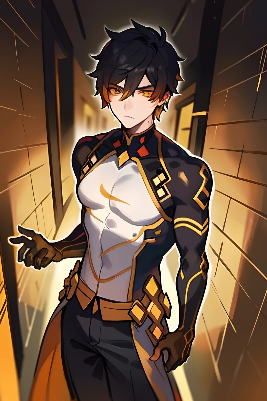 masterpiece, best quality, illustration, urban fantasy, black theme, night, alley, 1boy, mature, very short hair, glowing yellow eyes, black suit