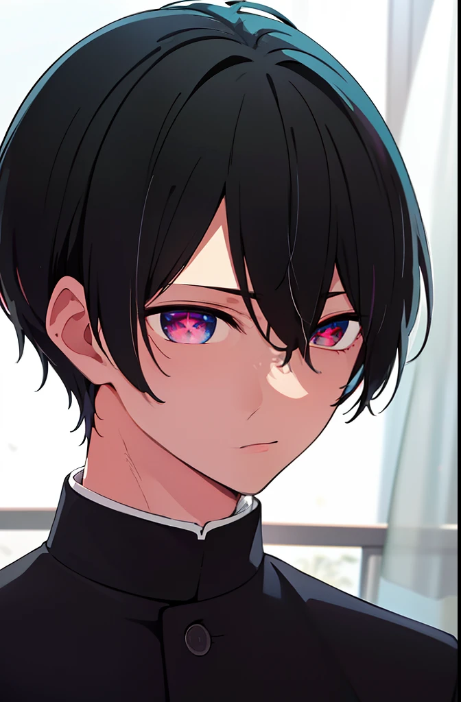 masterpiece, best quality, high quality, 1boy, solo, male focus, looking at viewer, upper body, hoshino_aquamarine, star-shaped_pupils, black hair , red eyes