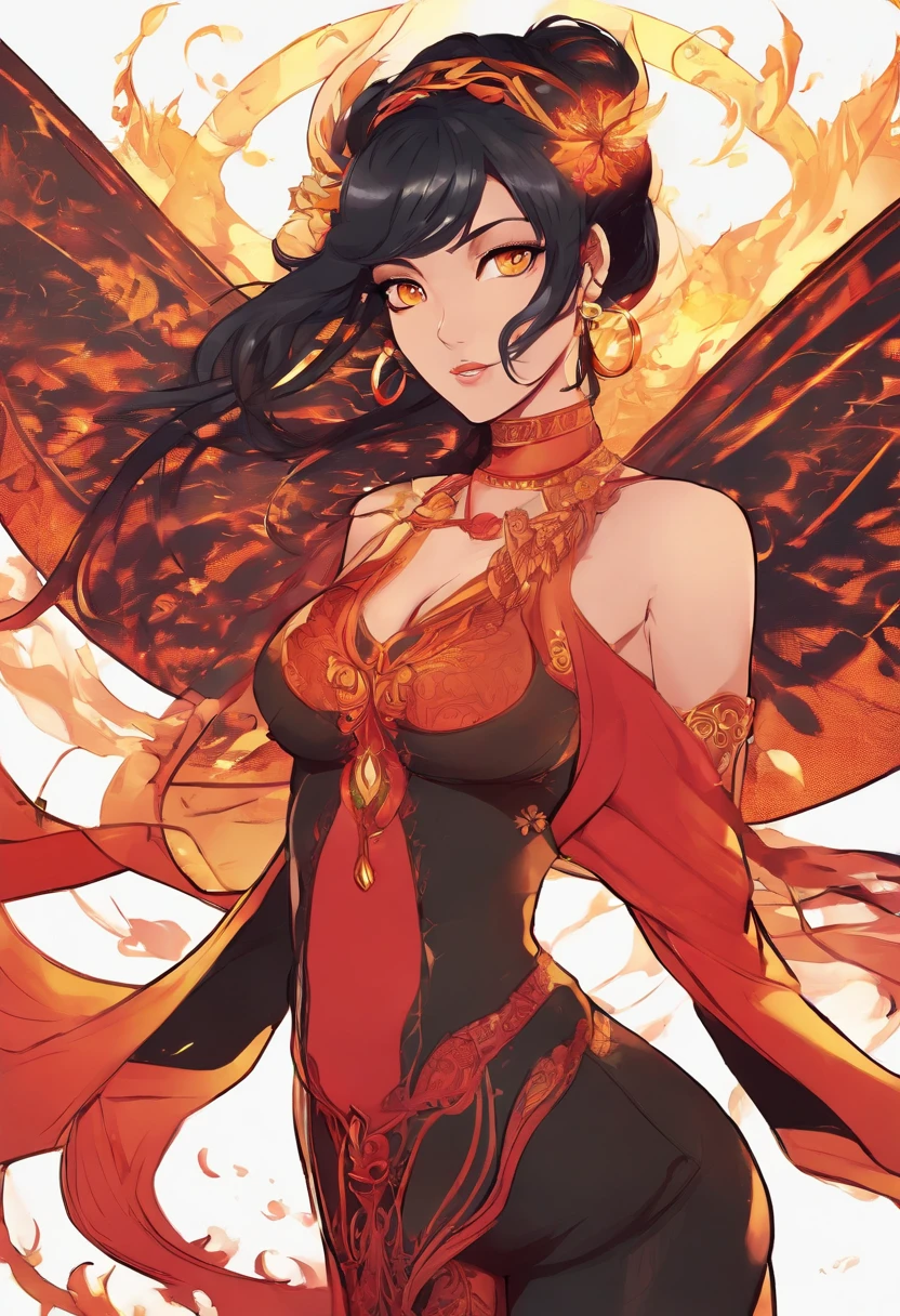 Nawra, tall anime Arab girl with black hair ponytail, yellow eyes, and a red crop top and black trousers, tall, athletic, strong, fit, muscular, fire!! full body, appears as the fire goddess, fire goddess, nico robin, hot fire goddess, she has fire powers, black - haired mage, ahri, her hair is on fire, style artgerm, full body portrait of a short!, the butterfly goddess of fire, genie girl, djinni girl, superpowered girl, fire elemental, martial artist, Chicago street