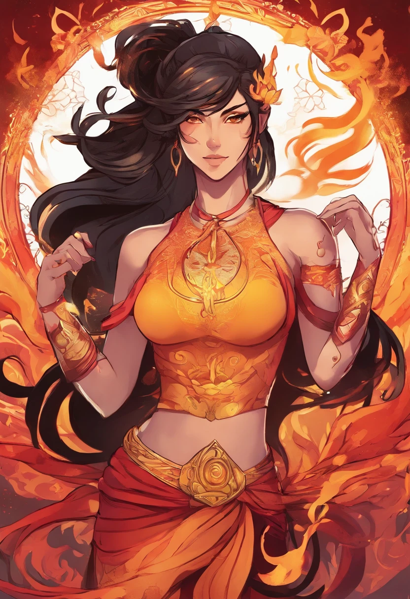 Nawra, tall anime dark-skinned Arab girl with black hair ponytail, yellow eyes, and a red crop top and black trousers, tall, athletic, strong, fit, muscular, fire!! full body, appears as the fire goddess, fire goddess, nico robin, hot fire goddess, she has fire powers, black - haired mage, ahri, her hair is on fire, style artgerm, full body portrait of a short!, the butterfly goddess of fire, genie girl, djinni girl, superpowered girl, fire elemental, martial artist, Chicago street