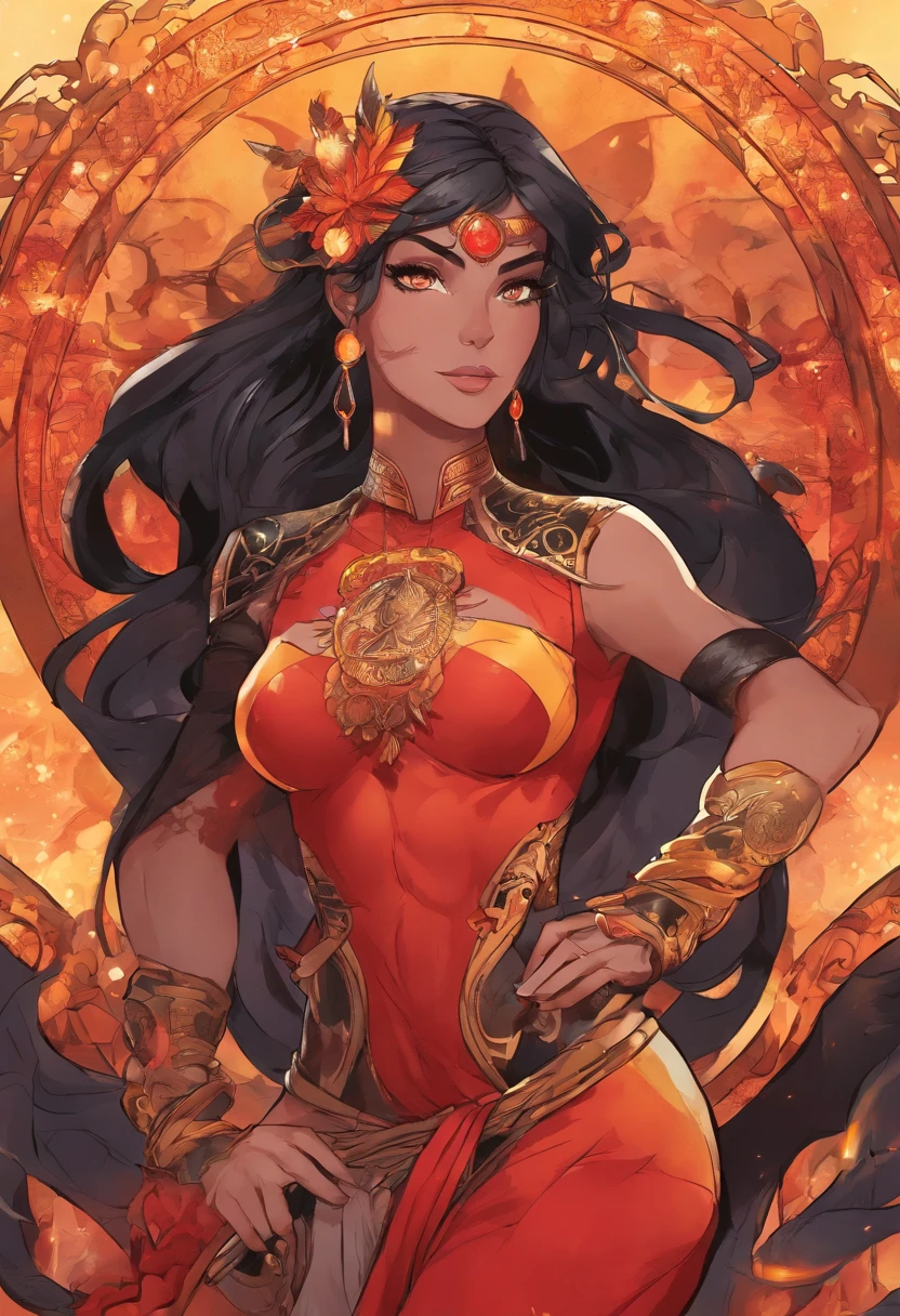 Nawra, tall anime Arab girl with black hair ponytail, yellow eyes, and a red crop top and black trousers, tall, athletic, strong, fit, muscular, fire!! full body, appears as the fire goddess, fire goddess, nico robin, hot fire goddess, she has fire powers, black - haired mage, ahri, her hair is on fire, style artgerm, full body portrait of a short!, the butterfly goddess of fire, genie girl, djinni girl, superpowered girl, fire elemental, martial artist, Chicago street