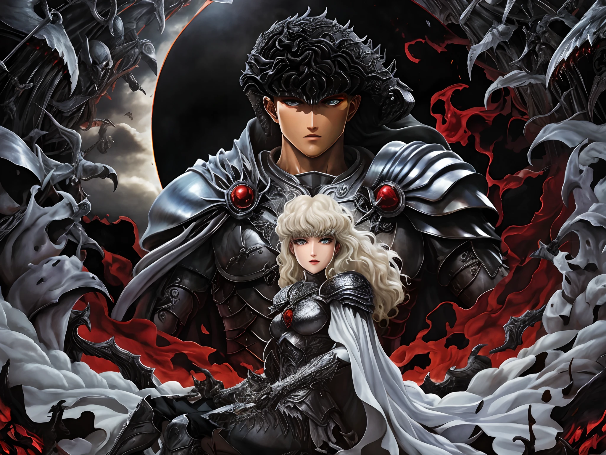 imagem arrapada de uma mulher e um homem de armadura, de Furioso, Furioso, Estilo de arte Berserk, sangue de Furioso, Estilo Berserk, Furious manga, Griffith, Berserk, Tripas de Berserk, Retrato de Guts de Berserk, em Berserk Manga, Berserk Skullknight Armadura Negra, Griffith, Tripas de Berserk, Tripas Berserk
