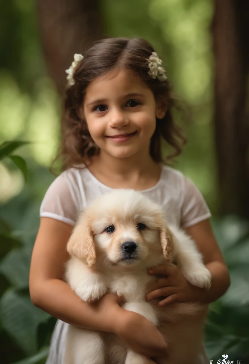 : Elisa, aproximadamente 4 anos de idade, cabelo longo encaracolado estilo Disney, olhos castanhos e sorrisos. cachorro: Skay, 2 meses, pelos pretos e branco e olhos pretos. scenecy: Eduardo and Nayara are in a cozy little house in the valley, ao fundo um dia ensolarado, Destacando o Sol.