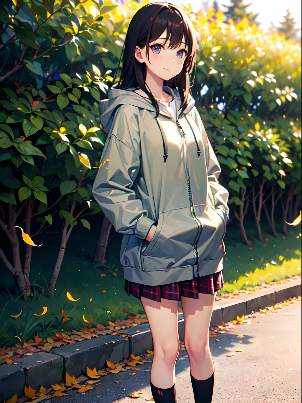 ((1 beautiful young girl)),Solo、1 persons、 ((14-year-old junior high school girl:1.5))、(flat chest)、(Dark-haired girl in grey oversized full-zip hoodie:1.3),(Do not wear hoodie hood:1.3)、Wearing a shirt inside a hoodie、(red plaid pleated skirt), (high socks), (lowfers),(Long straight hair)、Autumn Park、Colored leaves、leaves falling、stroll、A slight smil、(Do not put your hands in your pockets:1.37)