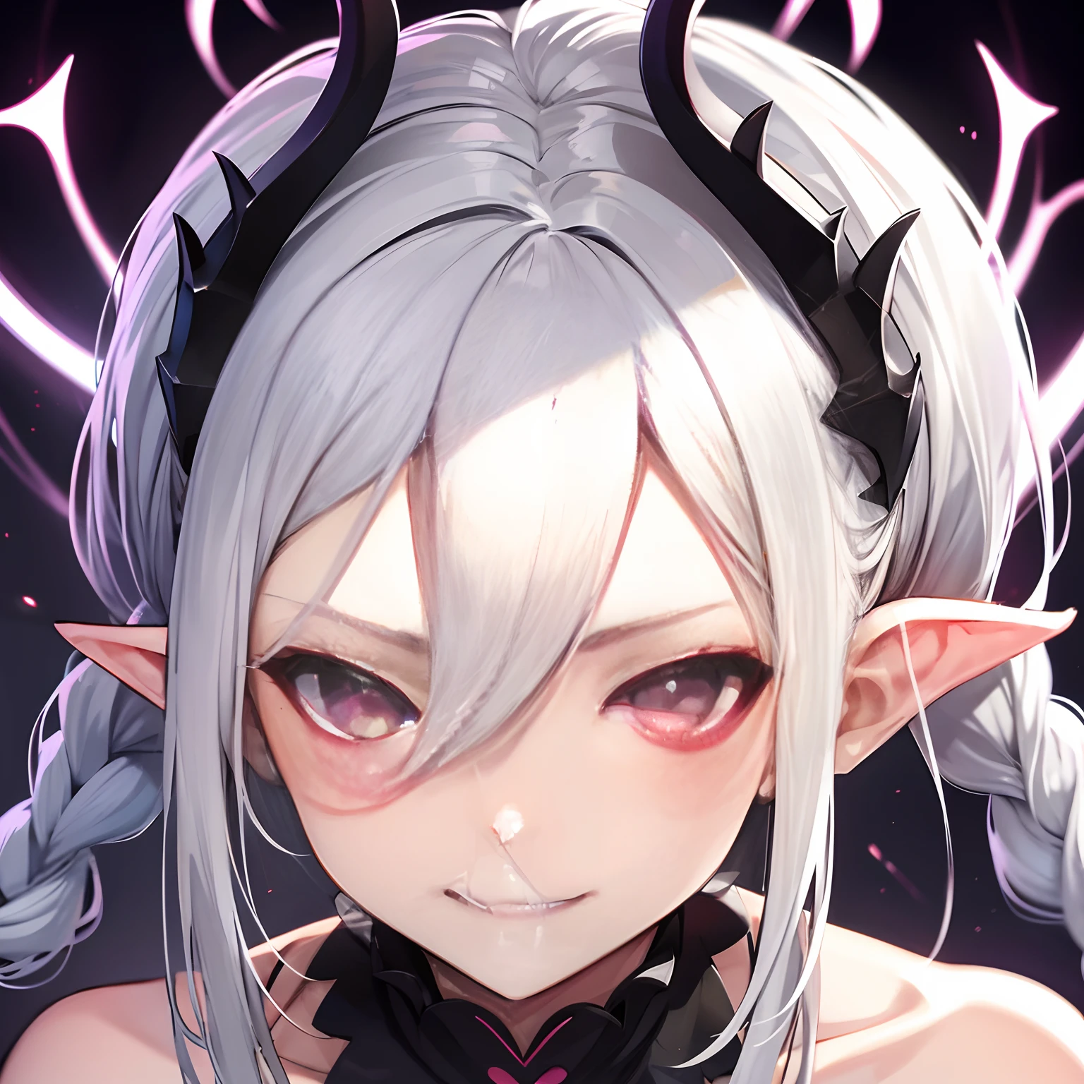 A female Milf demon with long silver hair and purple locks with elf ears and black demonic horns, Yellow eyes of the demon, pupila vertical, rosto maduro e adulto com um sorriso perverso para os espectadores, dentes de vampiro, corpo volumoso com seios e busto enormes, pale skinned, Widow's dress, beco estreito de uma cidade, the floor has a red liquid, Particulas roxas, corpo volumoso com seios e busto enormes, Silver hair with purple locks wet with drops of this red liquid,(yellow demonic eyes), olhos brilhantes, Moda realista, sysie high definition details, fotografia, perspicacity, unique 850 4, Koda850 k portrait camera, Primavera F1.6, cores ricas, Textura super realista, textura de luz espetacular, arte surreal, Cinestil 800 mecanismo de moda.