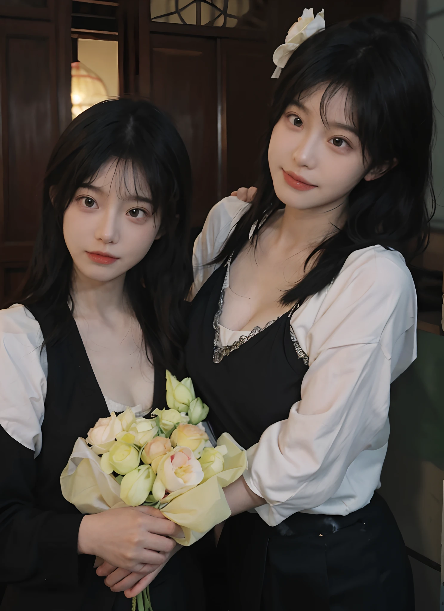 best qualtiy, 超高分辨率, (realisticlying:1.4), one-girl, A pair of clear and moving peach blossom eyes,Royal Sister,Black long straight,yellow school uniforms, (big cleavage breasts:1.3), looking at viewert, closeup cleavage ,