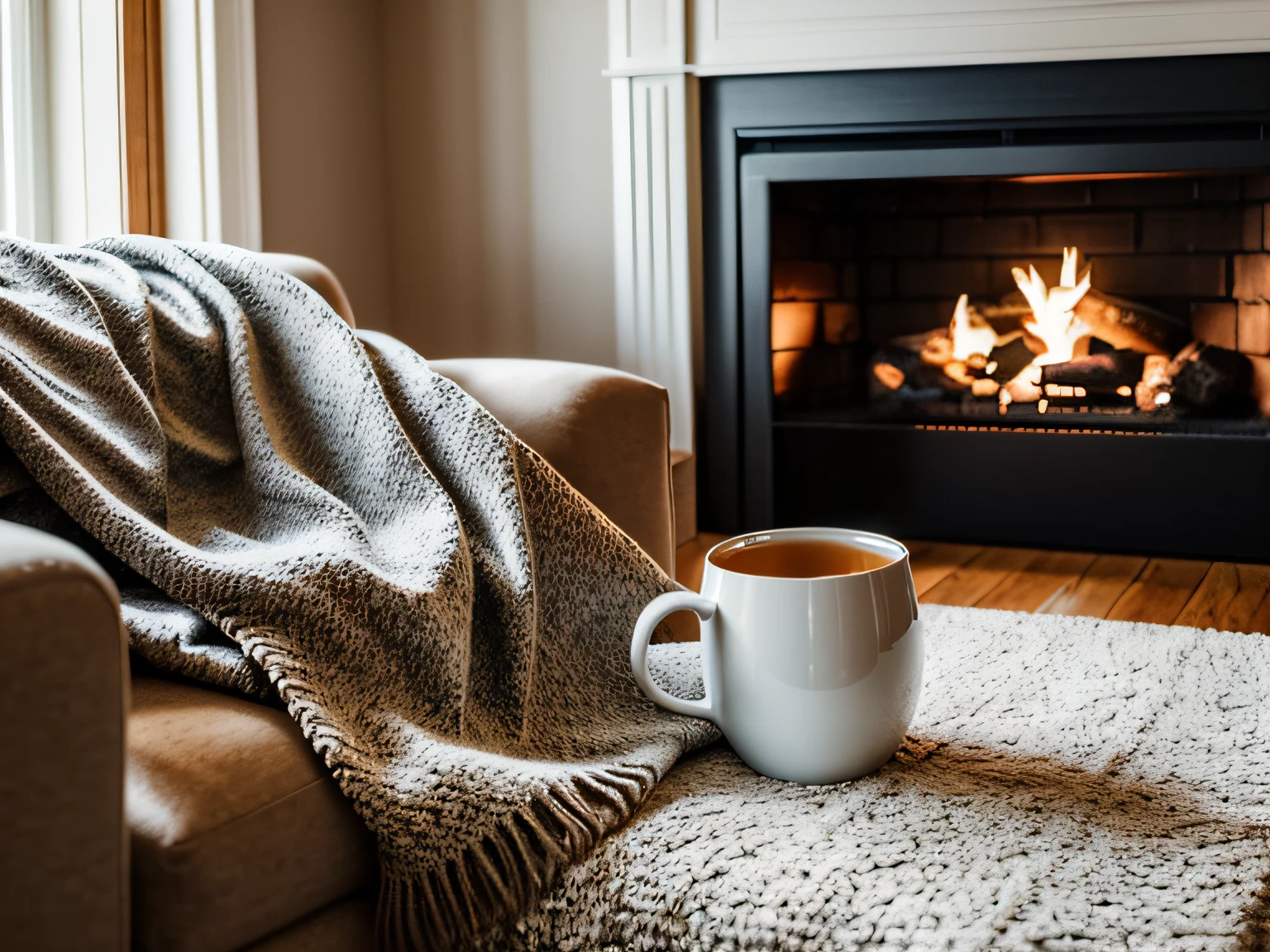 A mug of hot tea stands on a chair with a woolen blanket in a cozy living room with a fireplace. Cozy winter day