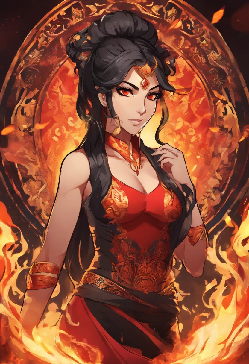 Nawra, tall anime Arab girl with black hair ponytail, yellow eyes, and a red crop top and black trousers, tall, athletic, strong, fit, muscular, fire!! full body, appears as the fire goddess, fire goddess, nico robin, hot fire goddess, she has fire powers, black - haired mage, ahri, her hair is on fire, style artgerm, full body portrait of a short!, the butterfly goddess of fire, genie girl, djinni girl, superpowered girl, fire elemental, martial artist, Chicago street