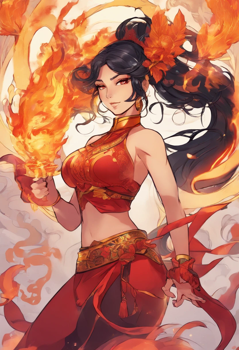 Nawra, tall anime Arab girl with black hair ponytail, yellow eyes, and a red crop top and black trousers, tall, athletic, strong, fit, muscular, fire!! full body, appears as the fire goddess, fire goddess, nico robin, hot fire goddess, she has fire powers, black - haired mage, ahri, her hair is on fire, style artgerm, full body portrait of a short!, the butterfly goddess of fire, genie girl, djinni girl, superpowered girl, fire elemental, martial artist, Chicago street