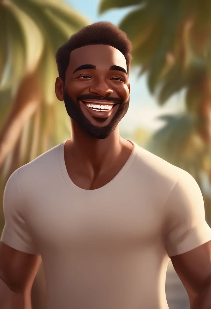 Illustration of brown skinned man with a giant smile, happily smiling at the camera, sorriso atrevido, he's smiling, sorriso muito grande, Macho sorridente, desenhando no estilo de Arte 3D, estilo disney, 8k