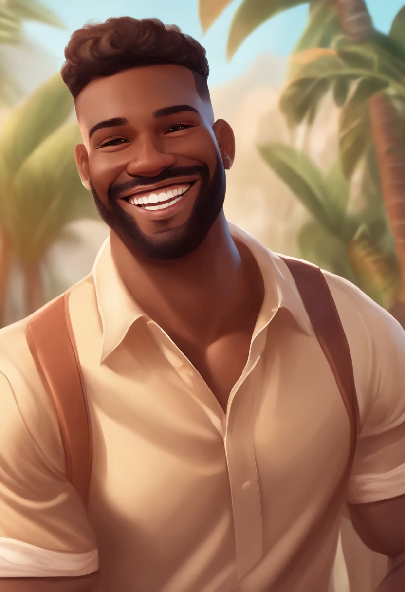 Illustration of brown skinned man with a giant smile, happily smiling at the camera, sorriso atrevido, he's smiling, sorriso muito grande, Macho sorridente, desenhando no estilo de Arte 3D, estilo disney, 8k