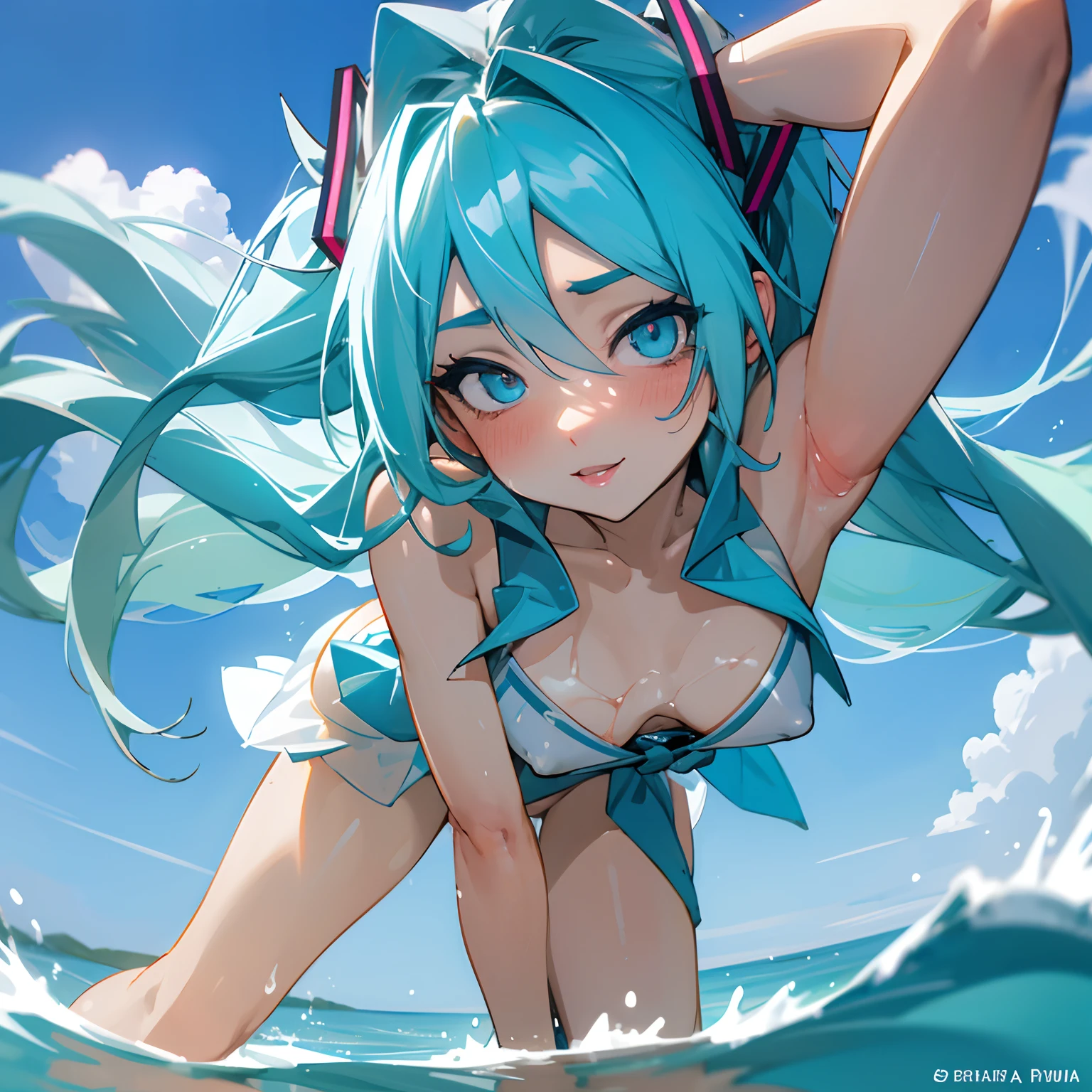 1 rapariga、(Solo)、pfotorealistic、super fine illustrations、beautiful seductive anime girl、Super detailed、Smile、beautiful blueish eyes、Beautiful proportions、HATSUNEMIKU、Slender、gentle expressions、seductive anime girls、Lackluster skin、Transparent sexy bikini swimsuit、Strong sunlight、Seaside,Vest line, porn, pussy, no clothes, sex --auto