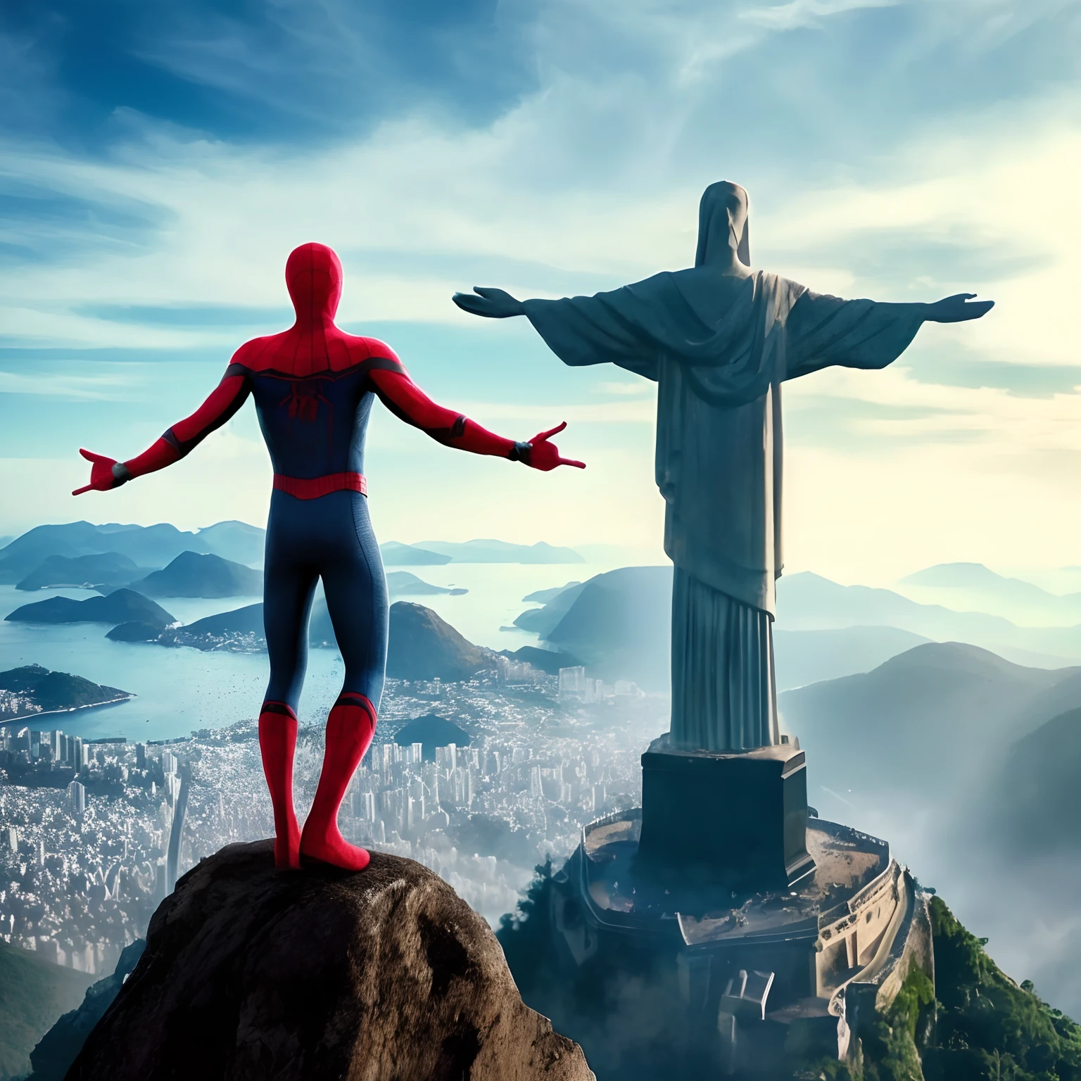 Spider - Man on top of a mountain with a statue in the background, Greek marble spider-man statue, Spiderman, De um filme da Marvel, Cristo Redentor, paper awesome wallpaper, amazing photo, cristo redentor, Spiderman!!, cinematic 4k wallpaper, cinematic wallpaper 4k, aranha - homem, Homem-Aranha, Imagem absolutamente excepcional, cinematic movie image