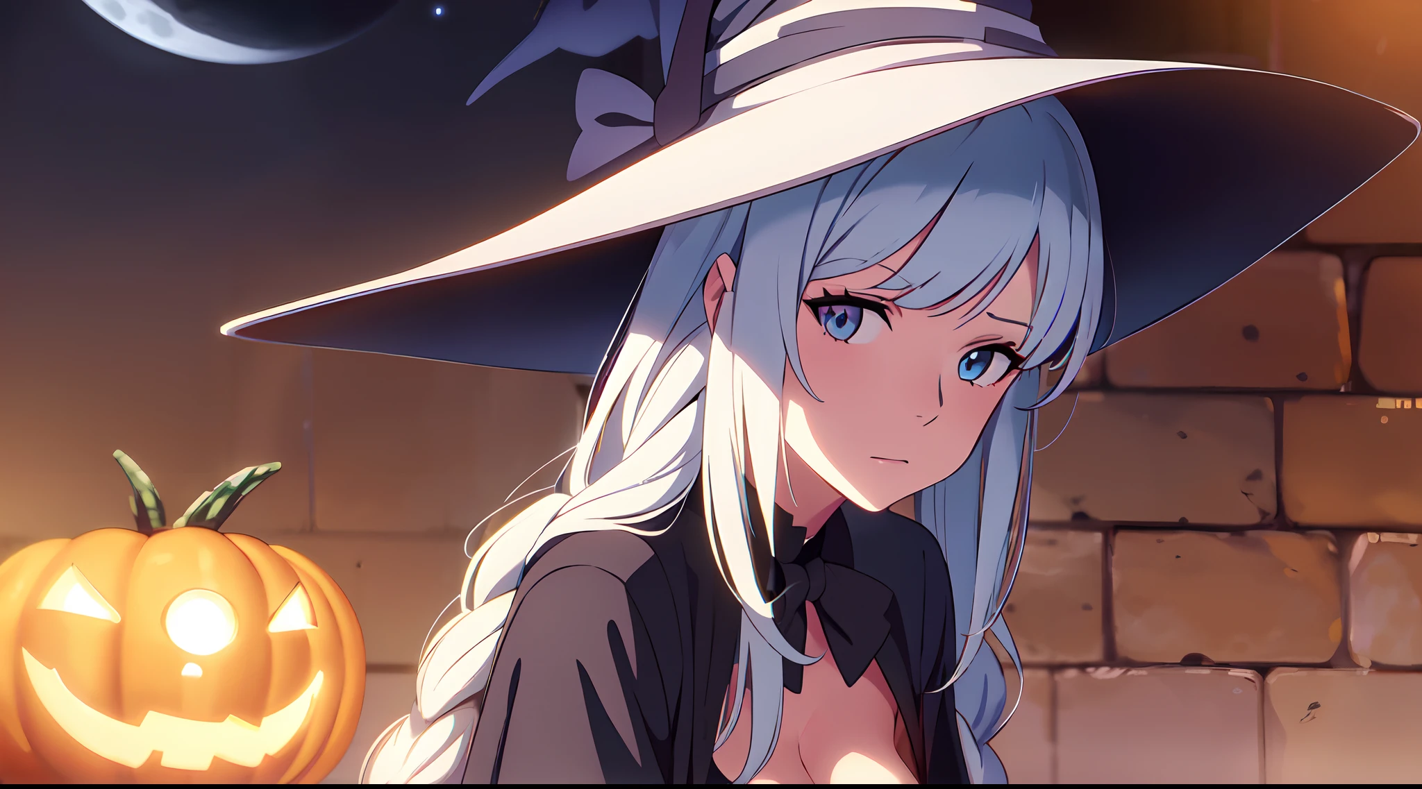 masterpiece, 1girl, (mature lady), solo, really long hair, white hair, bangs, braided hair, blowing hair, witch, Witch hat, light blue eyes, cleavage, night, Halloween, castle, (big moon), close up, look at viewer