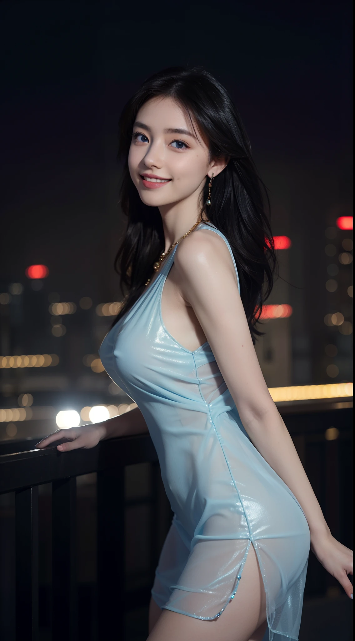 8k, masterpiece, RAW photo, best quality, photorealistic, extremely detailed CG unity 8k wallpaper, Depth of field, Cinematic Light, Lens Flare, Ray tracing, (extremely beautiful face, beautiful lips, beautiful eyes), intricate detail face, ((ultra detailed skin)) 1girl, in the dark, deep shadow, pretty asian girl, ((looking at viewer)),(big smile), (blurry background), midnight, (pretty girl), earrings, bracelets, necklace, clear eyes, (pale skin), face forward, (big eyes), (looking at viewer), large breasts ,((smile)), rooftop, dim lights, ((night)), cityscape, blue eyes, golden dress, mini dress, open breast, veranda, very slim, (medium butt), see through dress, thick thighs, open breast