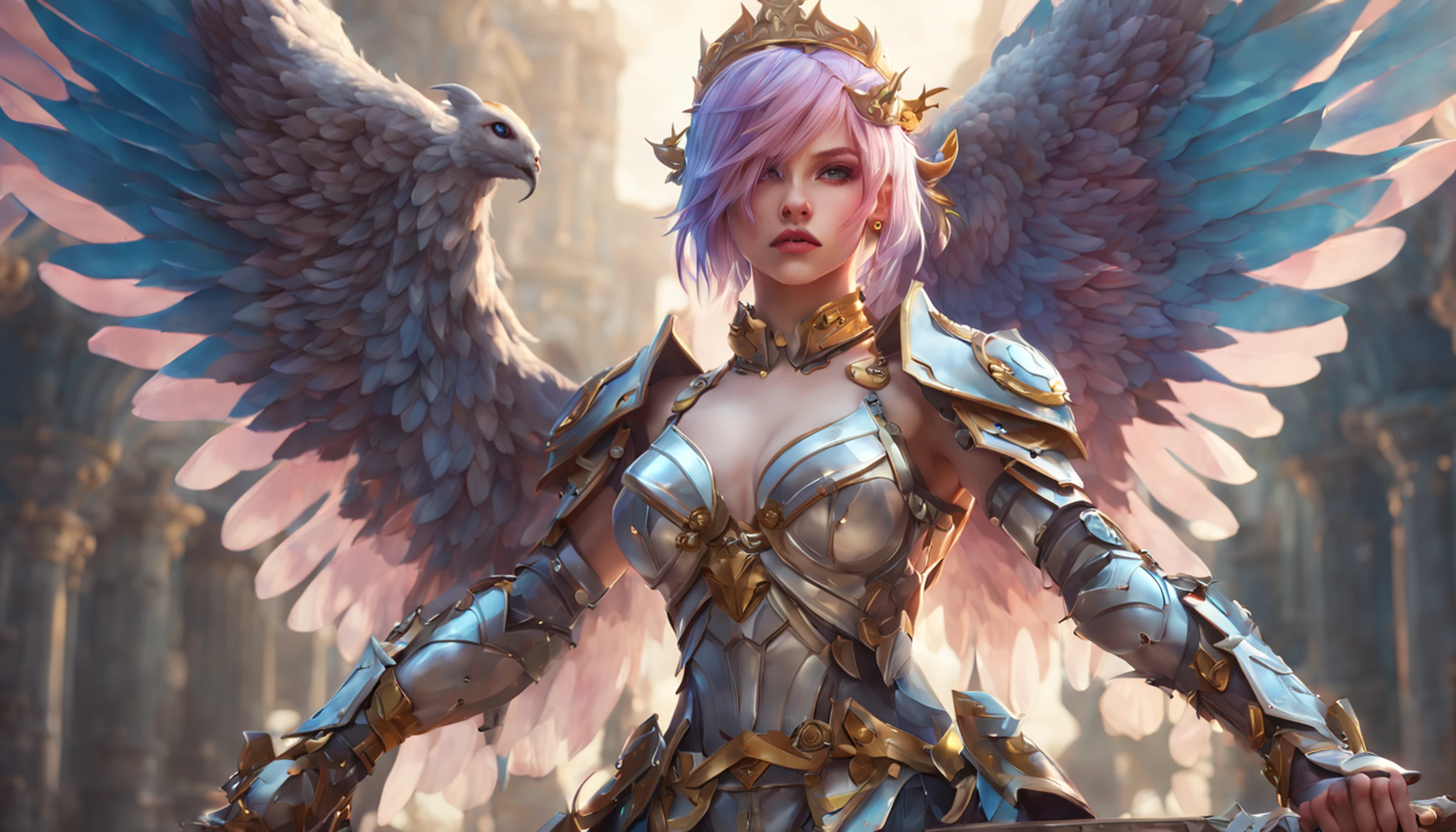Extremely detailed CG Unity 8k wallpaper, masterpiece quality, rich details, fascinating, beautiful, floating (1 girl), unique colorful hair, sultry lips, (looking directly at the camera), (moderate milk), (1 girl) dressed (gorgeous armor, wings), holding a dagger, mythical architectural background.