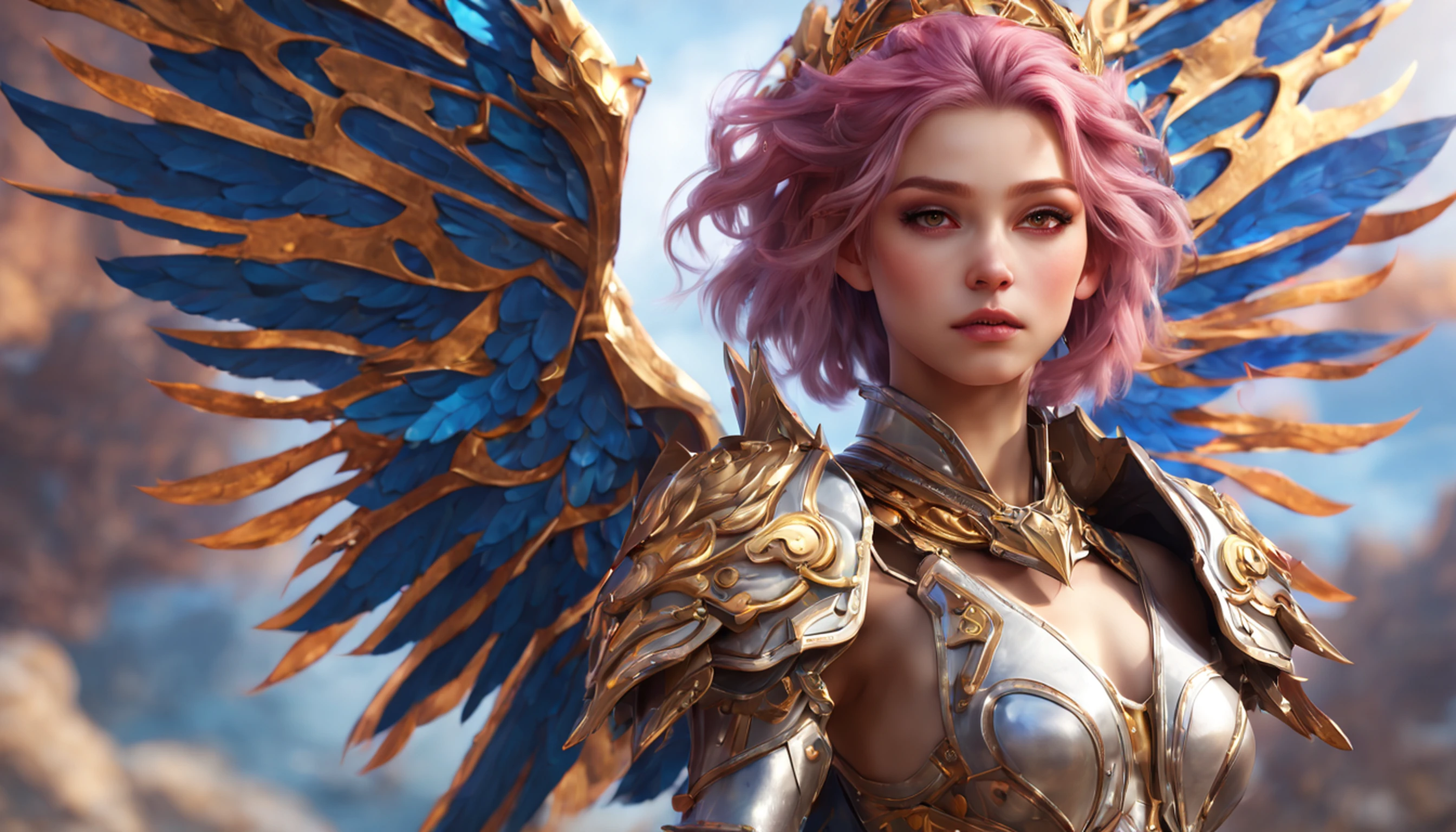 Extremely detailed CG Unity 8k wallpaper, masterpiece quality, rich details, fascinating, beautiful, floating (1 girl), unique colorful hair, sultry lips, (looking directly at the camera), (moderate milk), (1 girl) dressed (gorgeous armor, wings), holding a dagger, mythical architectural background.