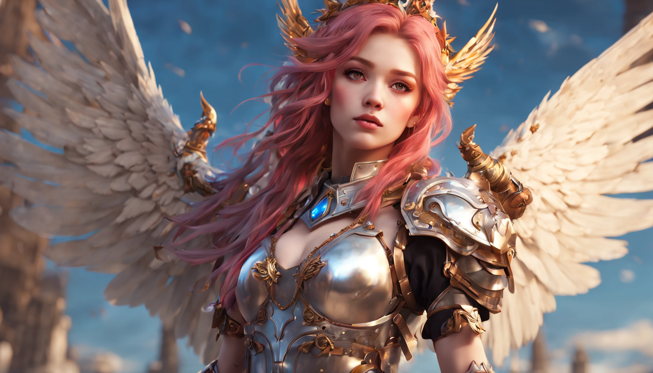 Extremely detailed CG Unity 8k wallpaper, masterpiece quality, rich details, fascinating, beautiful, floating (1 girl), unique colorful hair, sultry lips, (looking directly at the camera), (moderate milk), (1 girl) dressed (gorgeous armor, wings), holding a dagger, mythical architectural background.