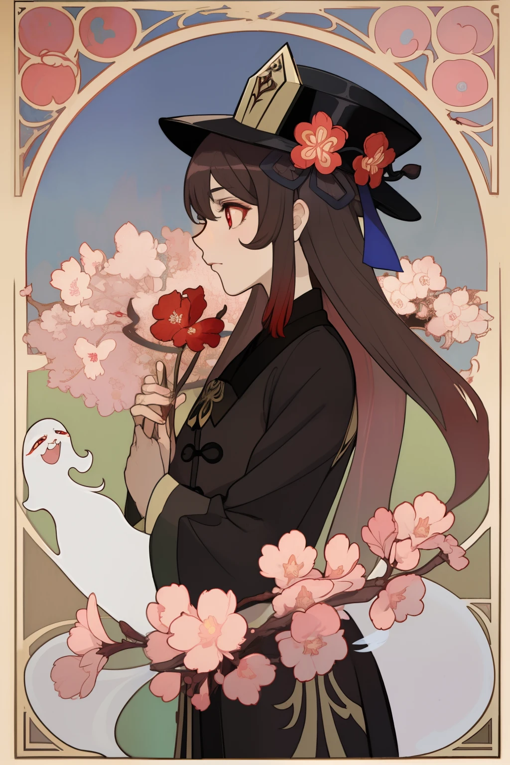 Art Nouveau Style, poster in a theater, (art by wes anderson), 2d, masterpiece, best quality, anime, highly detailed eyes, highly detailed face, highly detailed background, perfect lighting, 1girl, solo, hu tao \(genshin impact\), star-shaped pupils, flower-shaped pupils, hat, red flower, red eyes, cherry blossoms, black outfit, (inspired by mucha), fire, profile, cowboy shot, ghosts