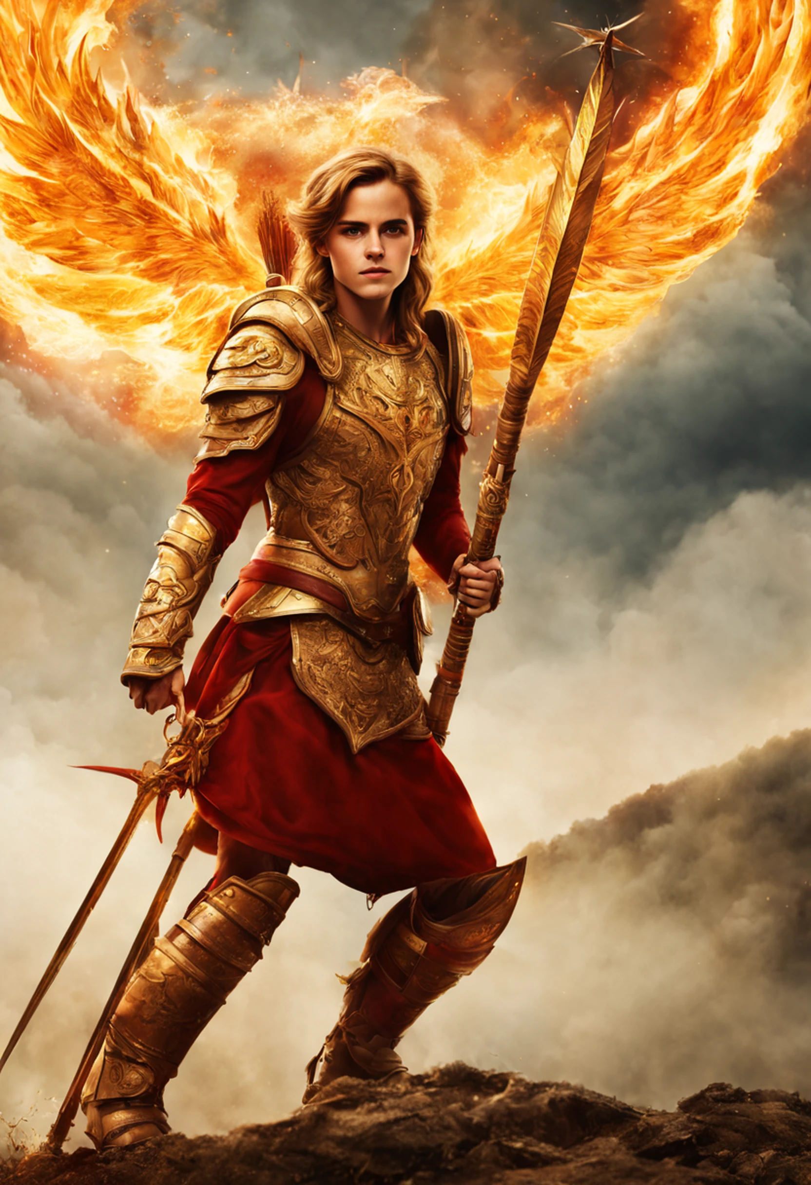 O anjo dourado em chamas de Emma Watson emite um fogo ruidoso, pairando entre nuvens espessas, vestindo armadura vermelha ardente, Holding a Flame Spear, wearing a halo on his head, And your eyes are steady, exalando uma forte aura de luta, fazendo com que as pessoas se sintam ardentes e poderosas.
