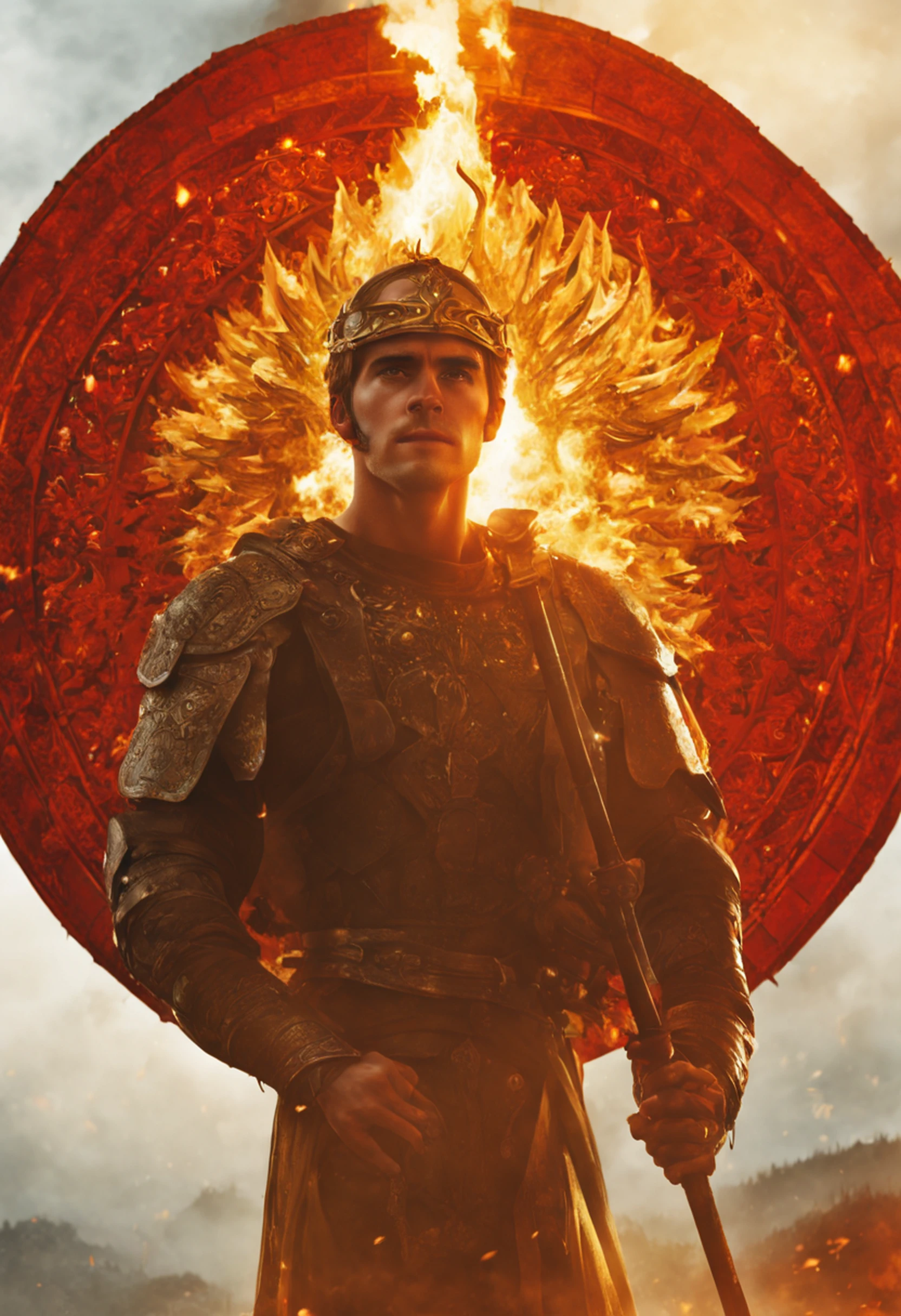 O anjo dourado em chamas de Emma Watson emite um fogo ruidoso, pairando entre nuvens espessas, vestindo armadura vermelha ardente, Holding a Flame Spear, wearing a halo on his head, And your eyes are steady, exalando uma forte aura de luta, fazendo com que as pessoas se sintam ardentes e poderosas.