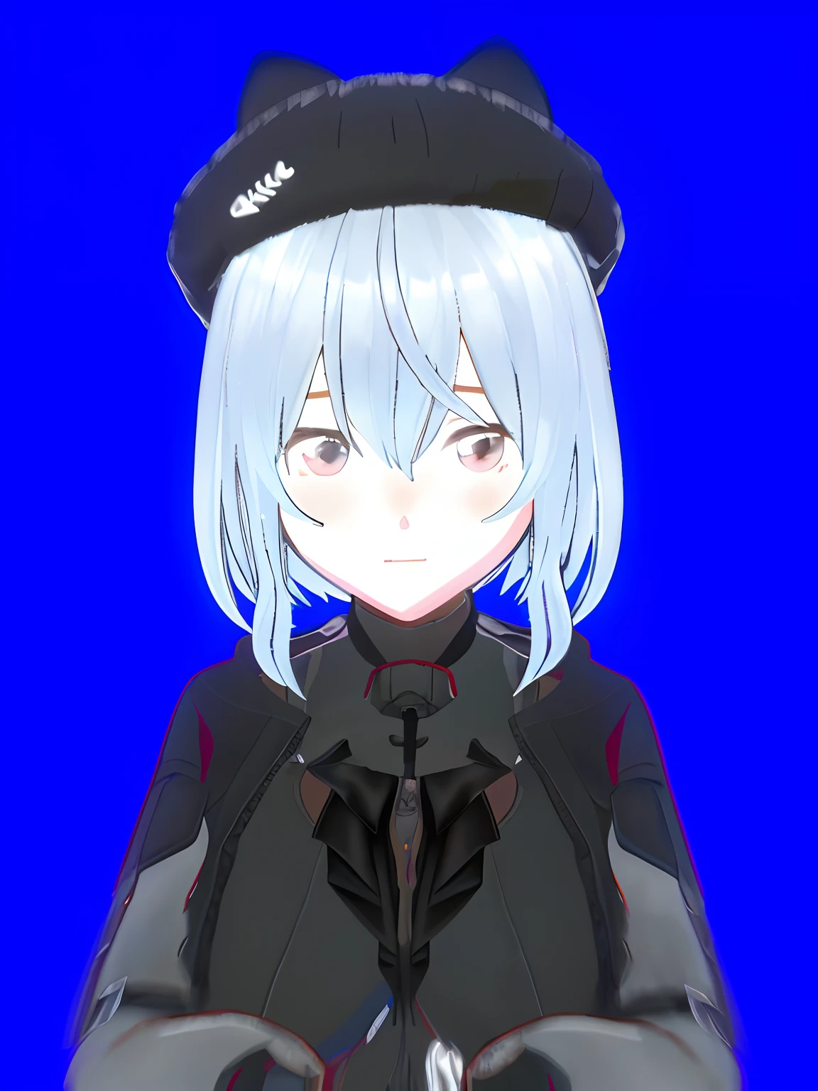 blue backdrop,ID photo,White-haired girl,Cat's ear berets,Melancholy eyes,grey school jacket