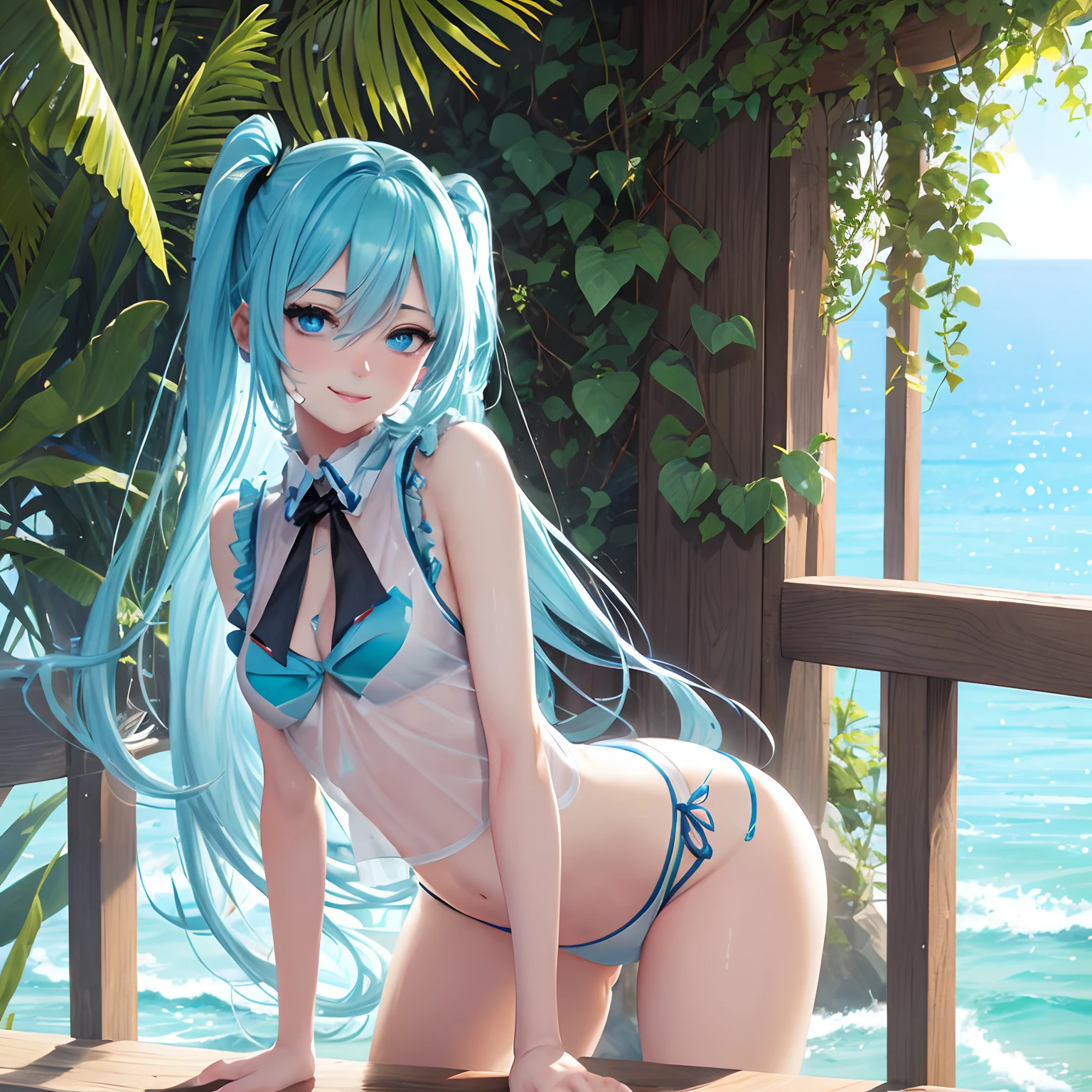 1 rapariga、(Solo), anime style, super fine illustrations、beautiful seductive anime girl、Super detailed、Smile、beautiful blueish eyes、Beautiful proportions、HATSUNEMIKU、Slender、gentle expressions、seductive anime girls、Lackluster skin、Transparent sexy bikini swimsuit、Strong sunlight、Seaside,Vest line, , , , sex