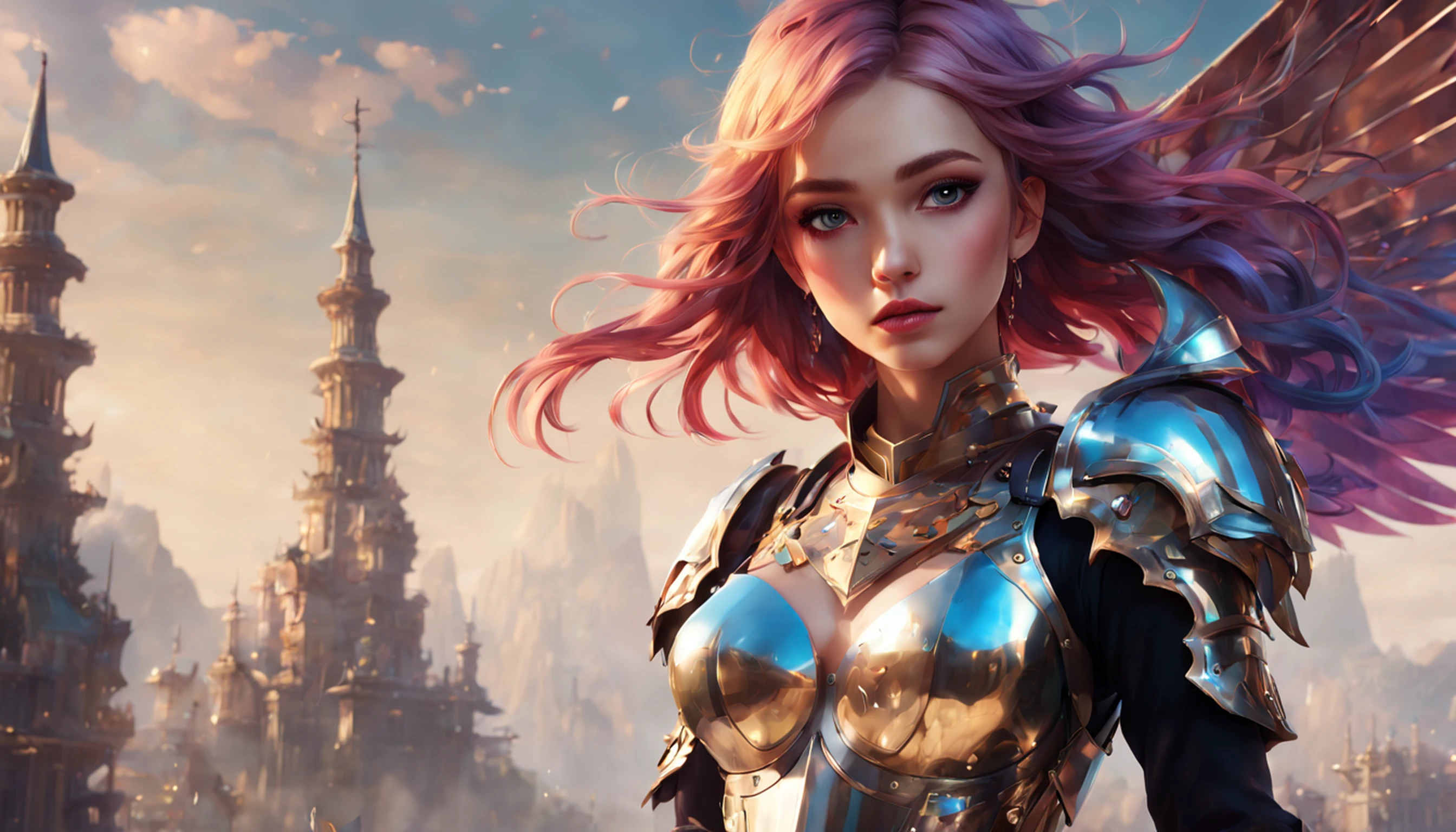 Extremely detailed CG Unity 8k wallpaper, masterpiece quality, rich details, fascinating, beautiful, floating (1 girl), unique colorful hair, sultry lips, (looking directly at the camera), (moderate milk), (1 girl) dressed (gorgeous armor, wings), holding a dagger, mythical architectural background.