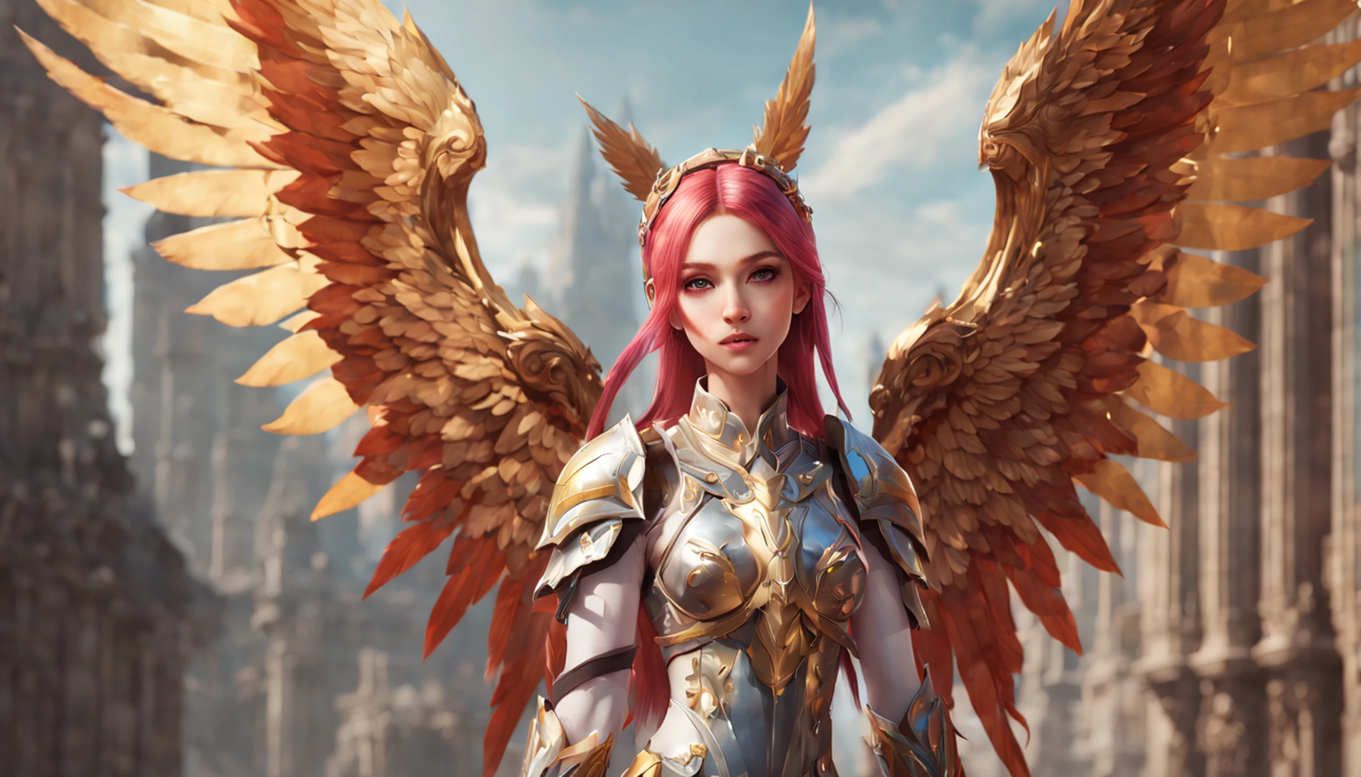 Extremely detailed CG Unity 8k wallpaper, masterpiece quality, rich details, fascinating, beautiful, floating (1 girl), unique colorful hair, sultry lips, (looking directly at the camera), (moderate milk), (1 girl) dressed (gorgeous armor, wings), holding a dagger, mythical architectural background.