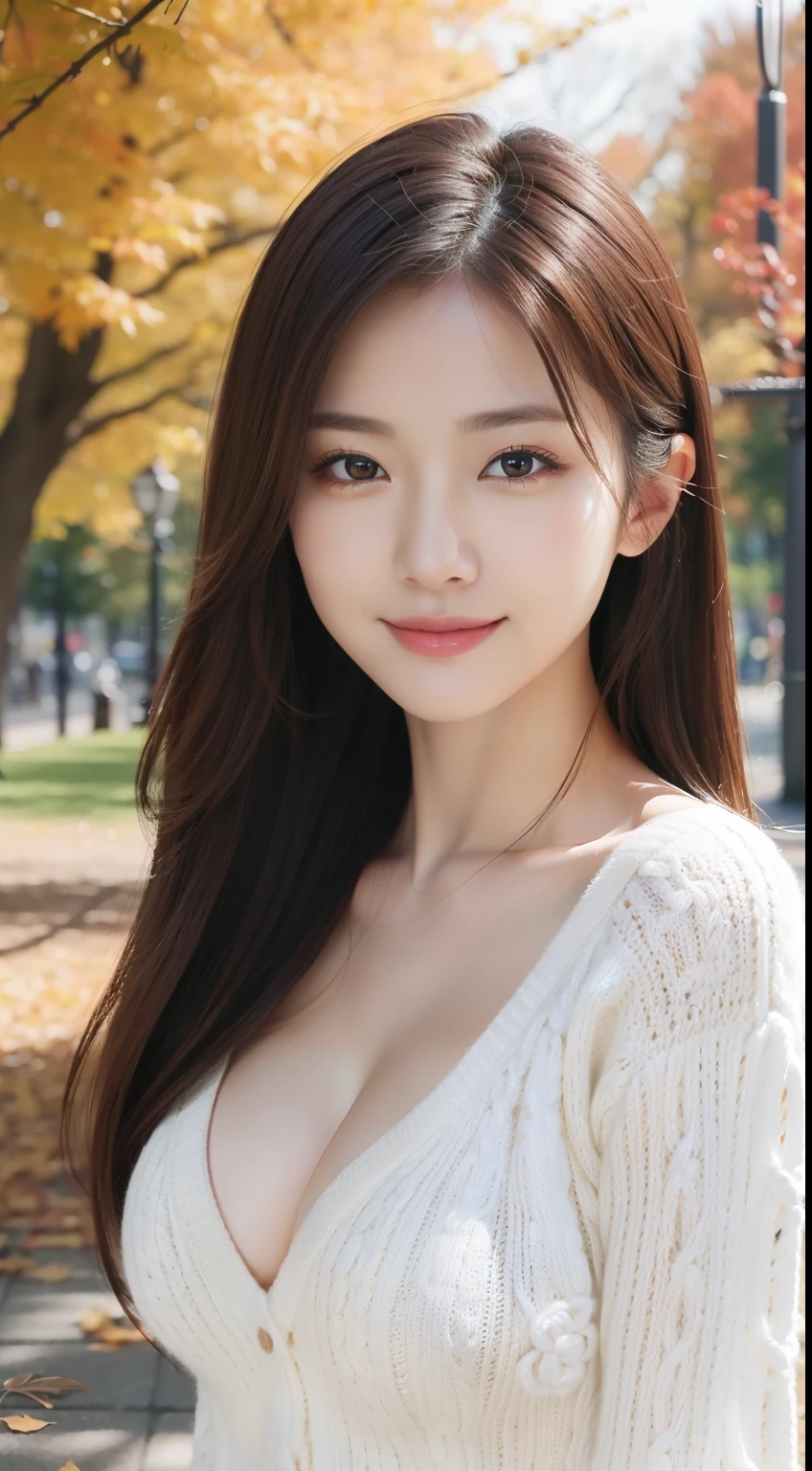 Photorealistic:1.3, masutepiece, Best Quality, ((1 beautiful woman)), Japanese, Close-up portrait, Wearing a knitted sweater, Smiling, Slender Abs, Medium-sized breasts, Beautiful face, Beautiful eyes, Detailed face, Detailed eyes, on the park, in autumn, 8K resolution