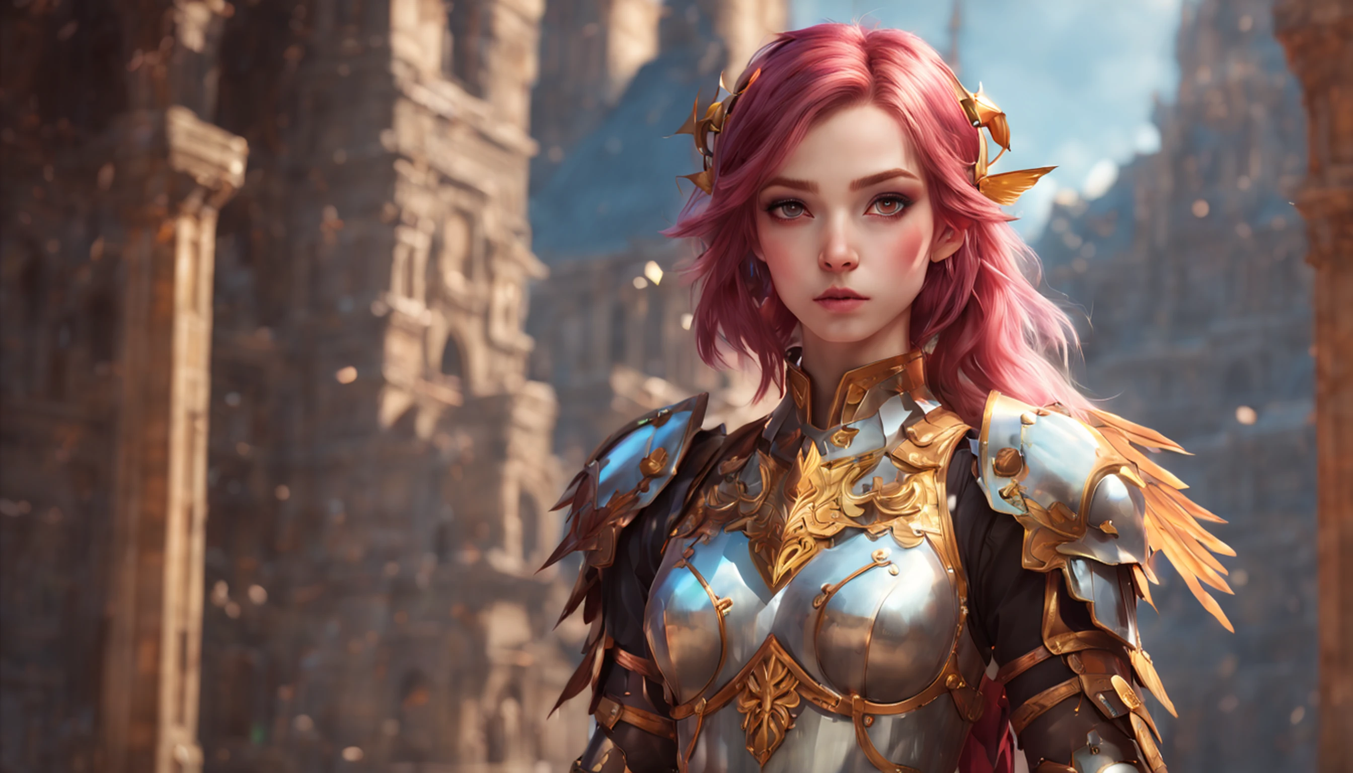 Extremely detailed CG Unity 8k wallpaper, masterpiece quality, rich details, fascinating, beautiful, floating (1 girl), unique colorful hair, sultry lips, (looking directly at the camera), (moderate milk), (1 girl) dressed (gorgeous armor, wings), holding a dagger, mythical architectural background.