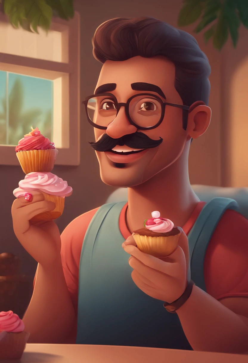 Illustration of man sitting on a sofa with a cupcake in his hand, sem barba, sem barba, sem barba e bigode, sorriso insano, 2 7 anos, sorriso frito, 2 8 anos, with a happy expression, com uma barba pequena, Jayison Devadas, desenhando no estilo de Arte 3D estilo disney, 8k
