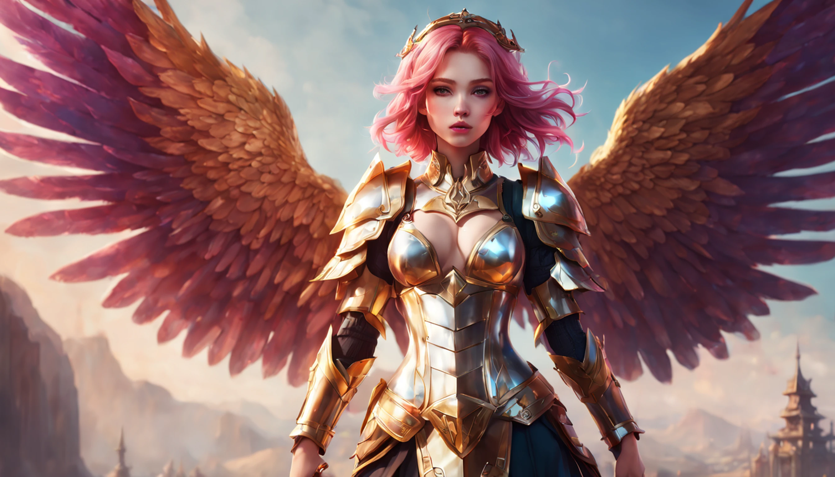 Extremely detailed CG Unity 8k wallpaper, masterpiece quality, rich details, fascinating, beautiful, floating (1 girl), unique colorful hair, sultry lips, (looking directly at the camera), (moderate milk), (1 girl) dressed (gorgeous armor, wings), holding a dagger, mythical architectural background.