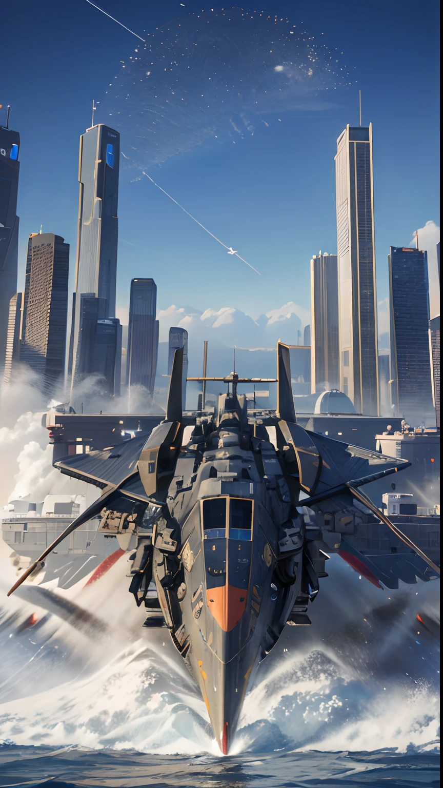 There is a jet plane, flying over the city on a wave, highly realistic concept art, In a sci-fi shipping port, Matte painting 8 K, Matte painting 8k, Концепт-арт Star Citizen, In front of a sci-fi cityscape, Cyberpunk speedboat, Гипердетализированная 3D матовая покраска, Hyper-detailed 3D matte painting