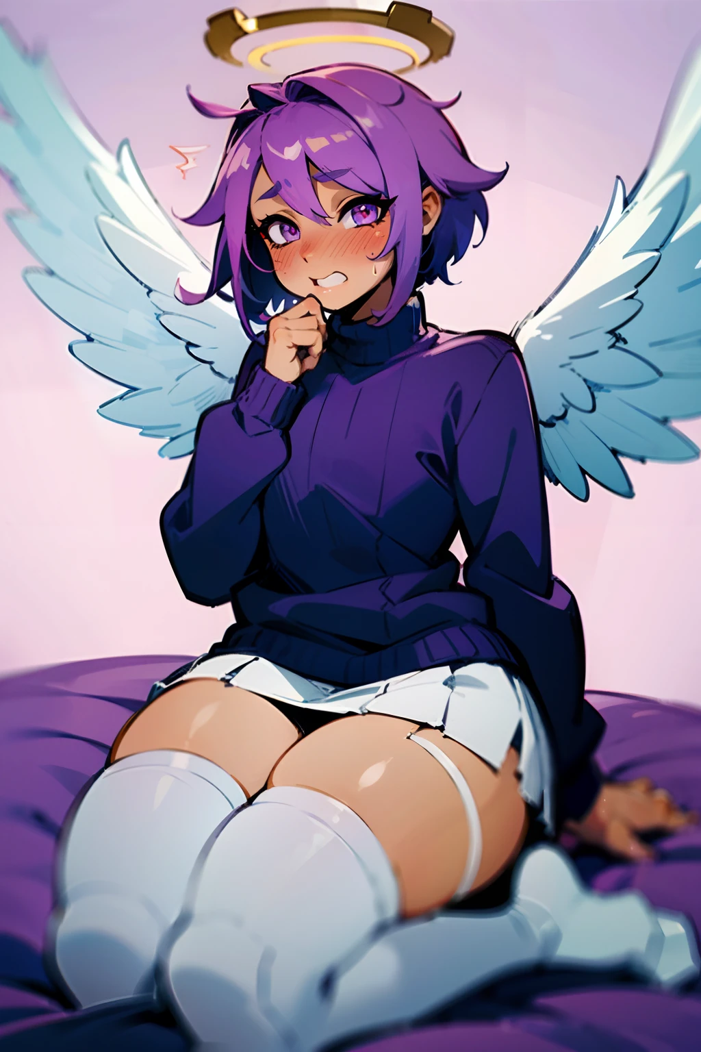 femboy, cute, short purple hair, purple eyes, tan skin, purple sweater, white skirt, purple and white striped thigh high socks, halo, angel wings, blushing, on knees, moaning