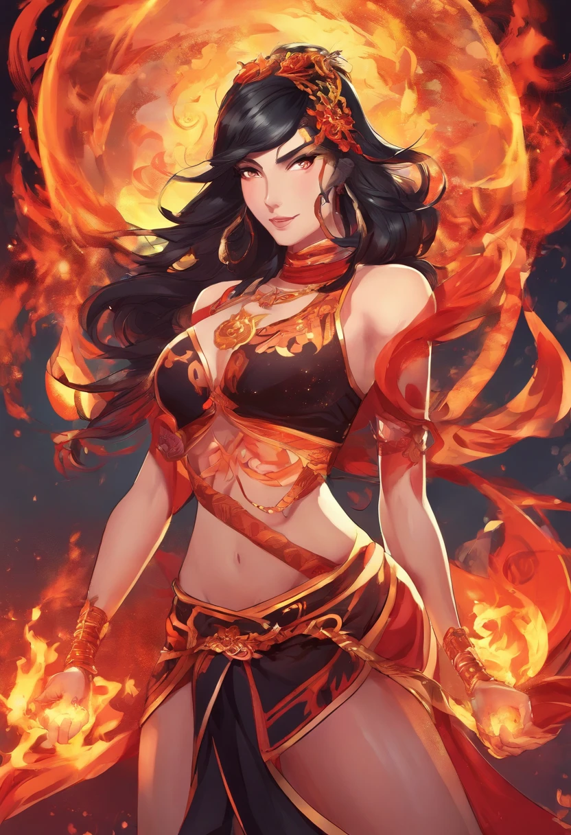 Nawra, tall anime Arab girl with black hair ponytail, yellow eyes, and a red crop top and black trousers, tall, athletic, strong, fit, muscular, fire!! full body, appears as the fire goddess, fire goddess, nico robin, hot fire goddess, she has fire powers, black - haired mage, ahri, her hair is on fire, style artgerm, full body portrait of a short!, the butterfly goddess of fire, genie girl, djinni girl, superpowered girl, fire elemental, martial artist,